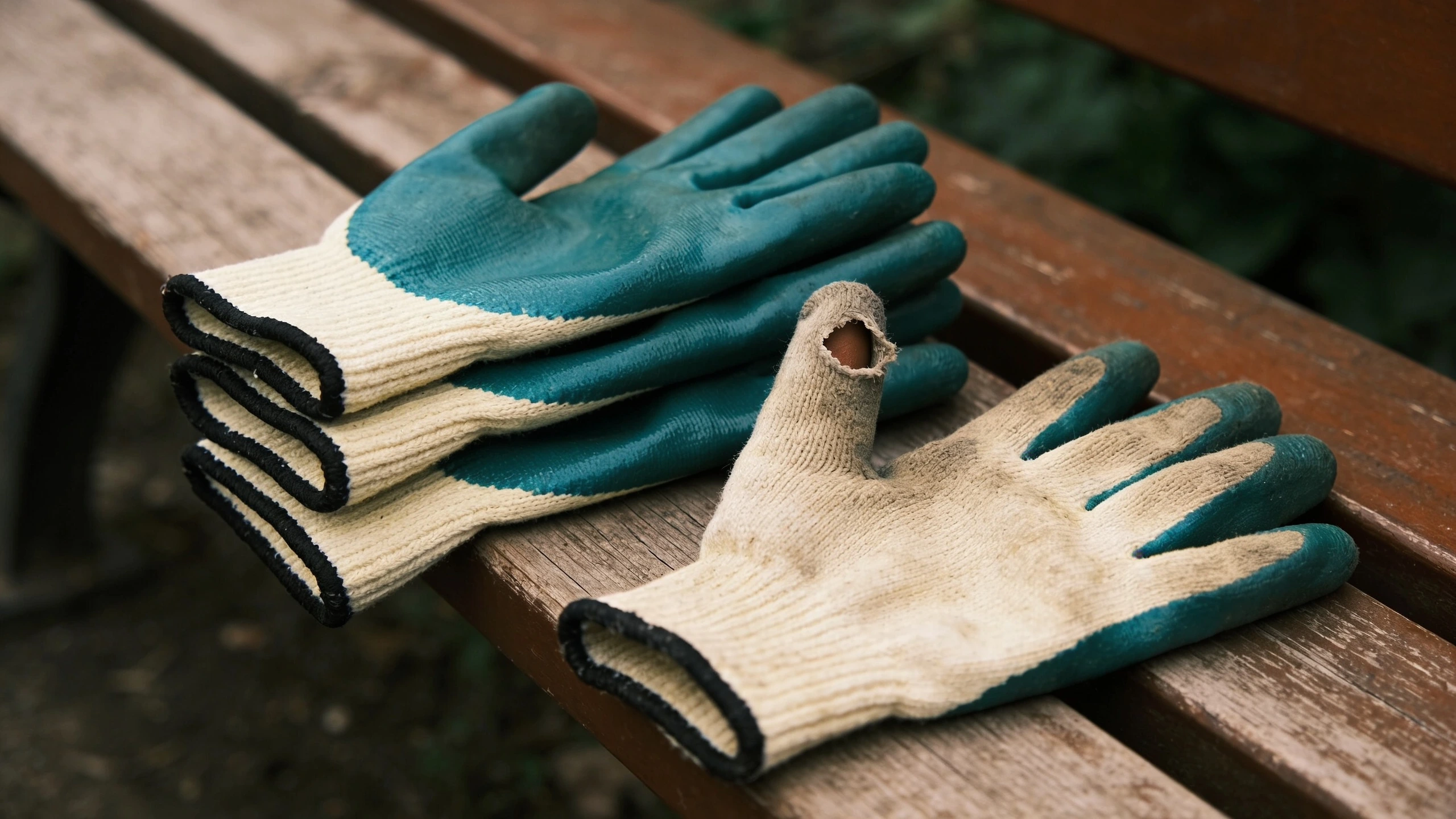 Three pairs of gloves in the right size Three pairs of nitrile coated gloves stacked on a bench, one pair worn