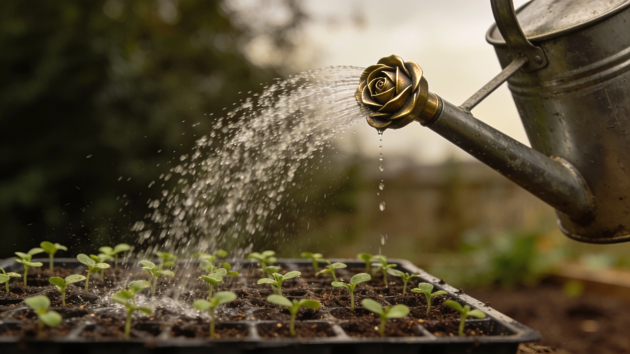 A brass rose head on a watering can Brass rose head spraying a fine even spread of water over a tray of tiny seedlings