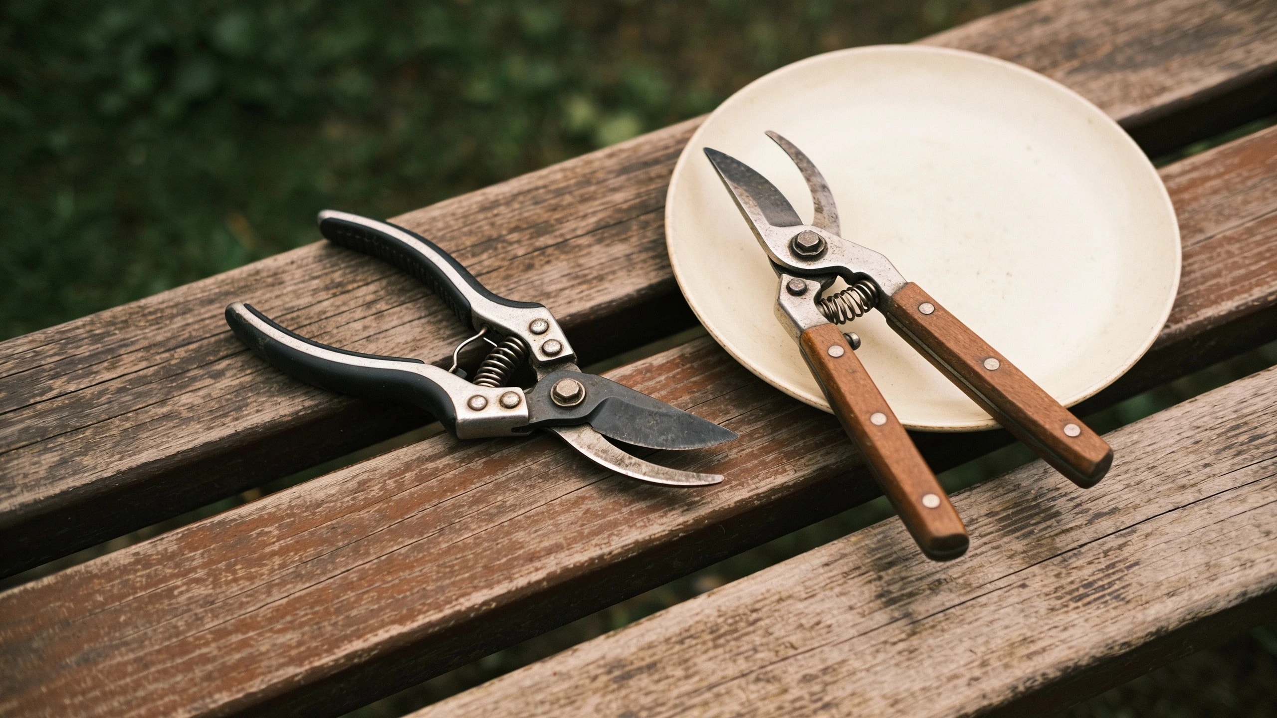 Bypass and anvil secateurs compared Two pairs of secateurs open on a bench showing bypass blades and an anvil plate