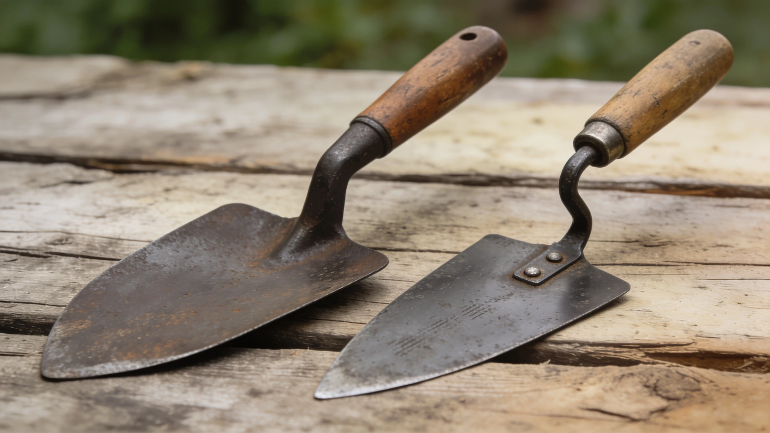 A forged trowel beside a bent stamped one Two trowels compared, one forged in one piece, one stamped and bent at the riveted neck