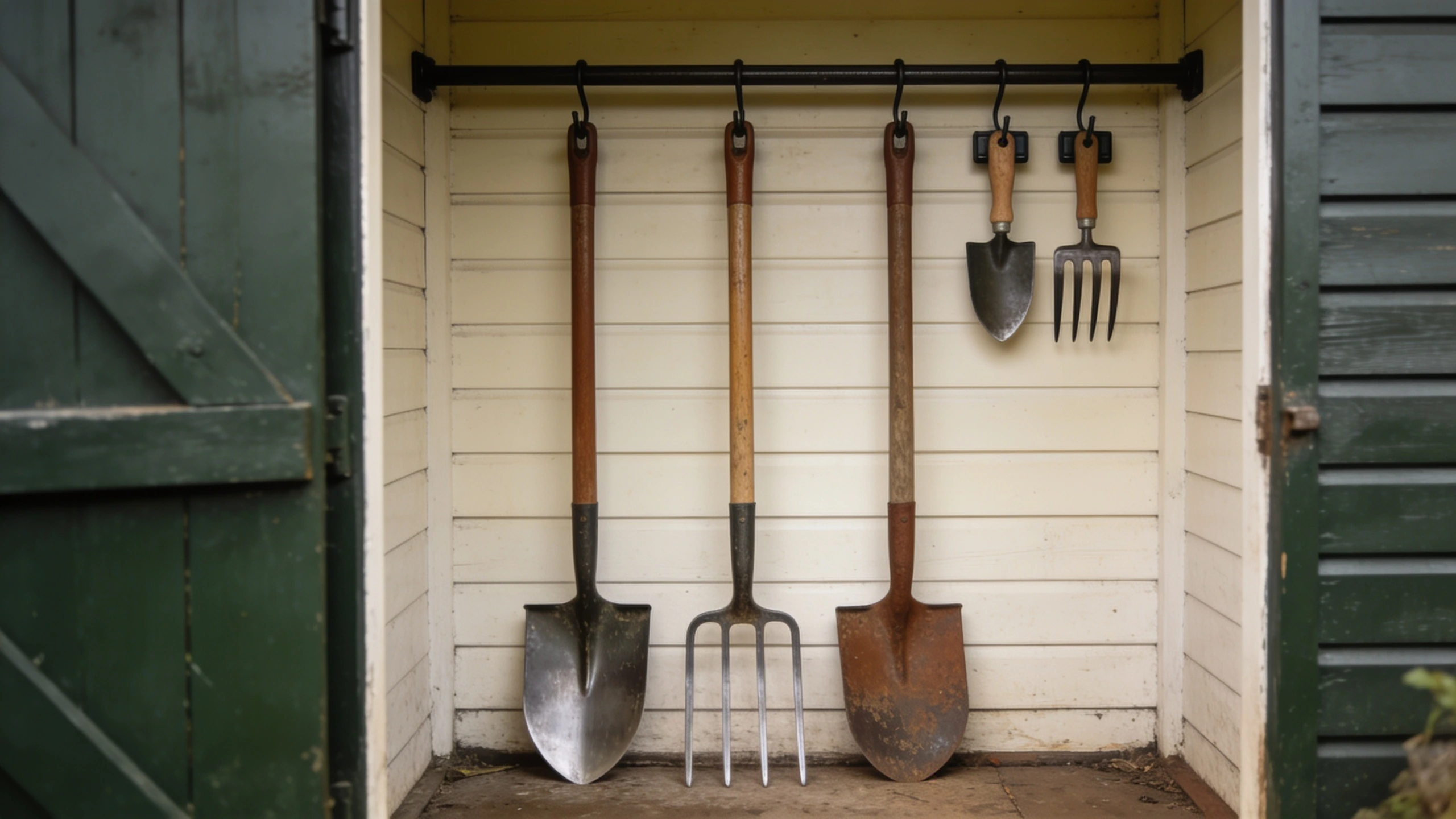 Garden tools hung on a shed wall rail Long-handled garden tools hung on hooks along a shed wall rail clear of the floor