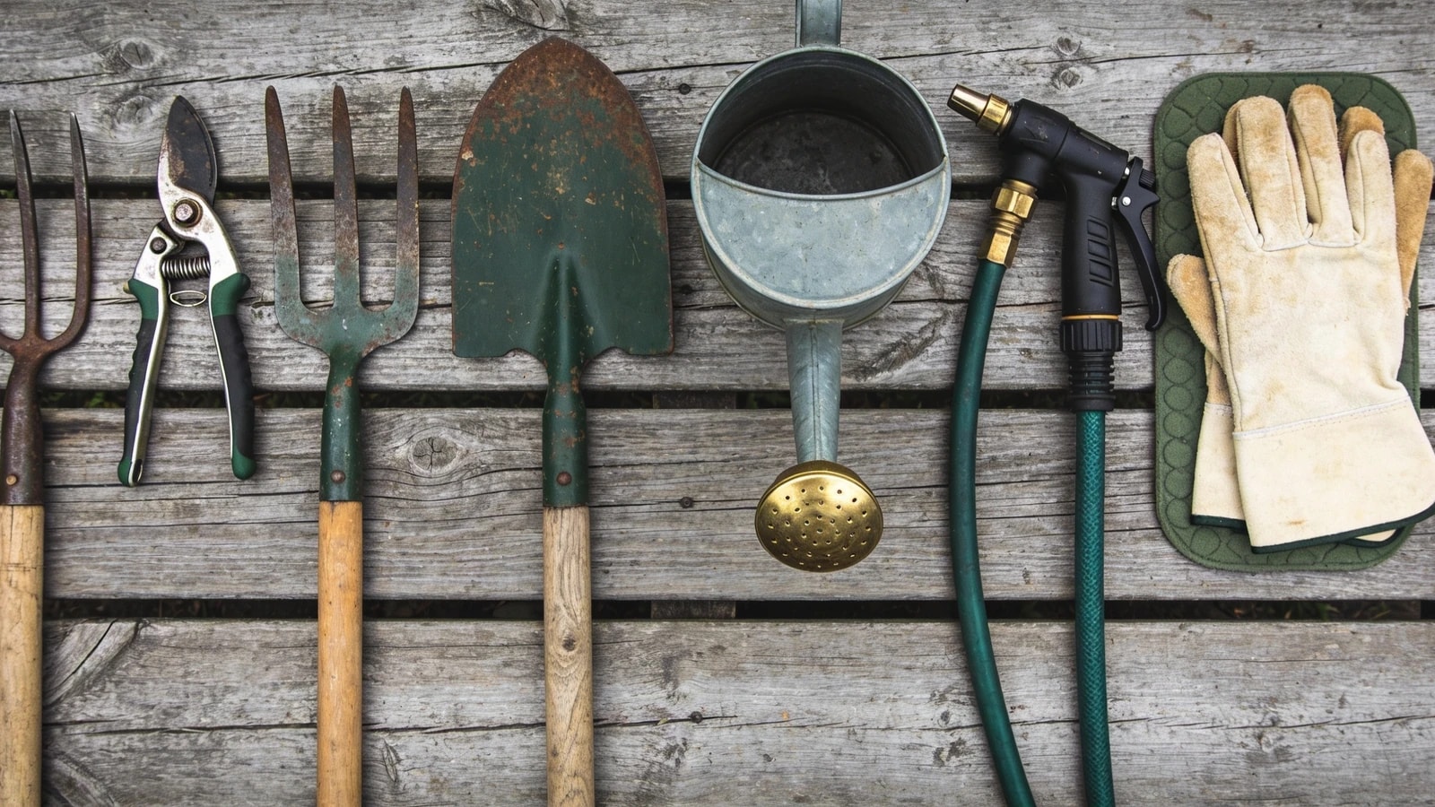 Twelve used garden hand and long tools laid out in a row on weathered timber boards