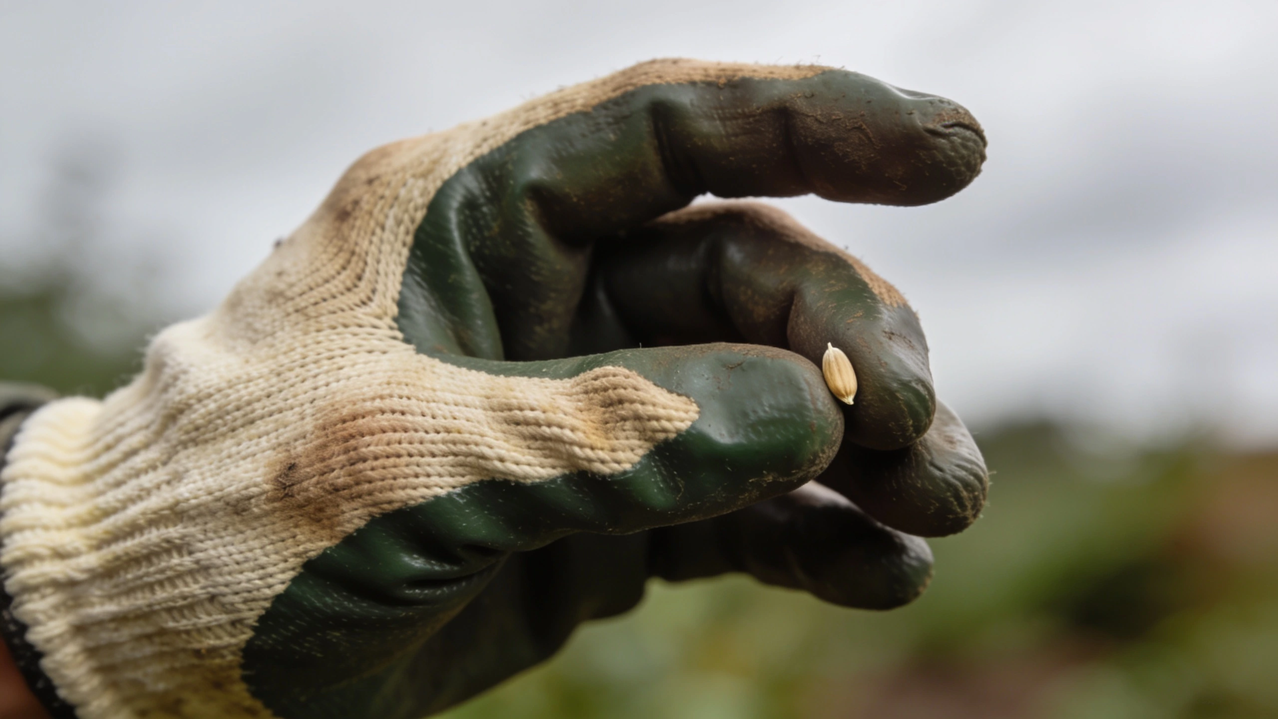 Nitrile coated gloves that fit properly Hand in a well-fitting nitrile-coated glove picking up a single small seed