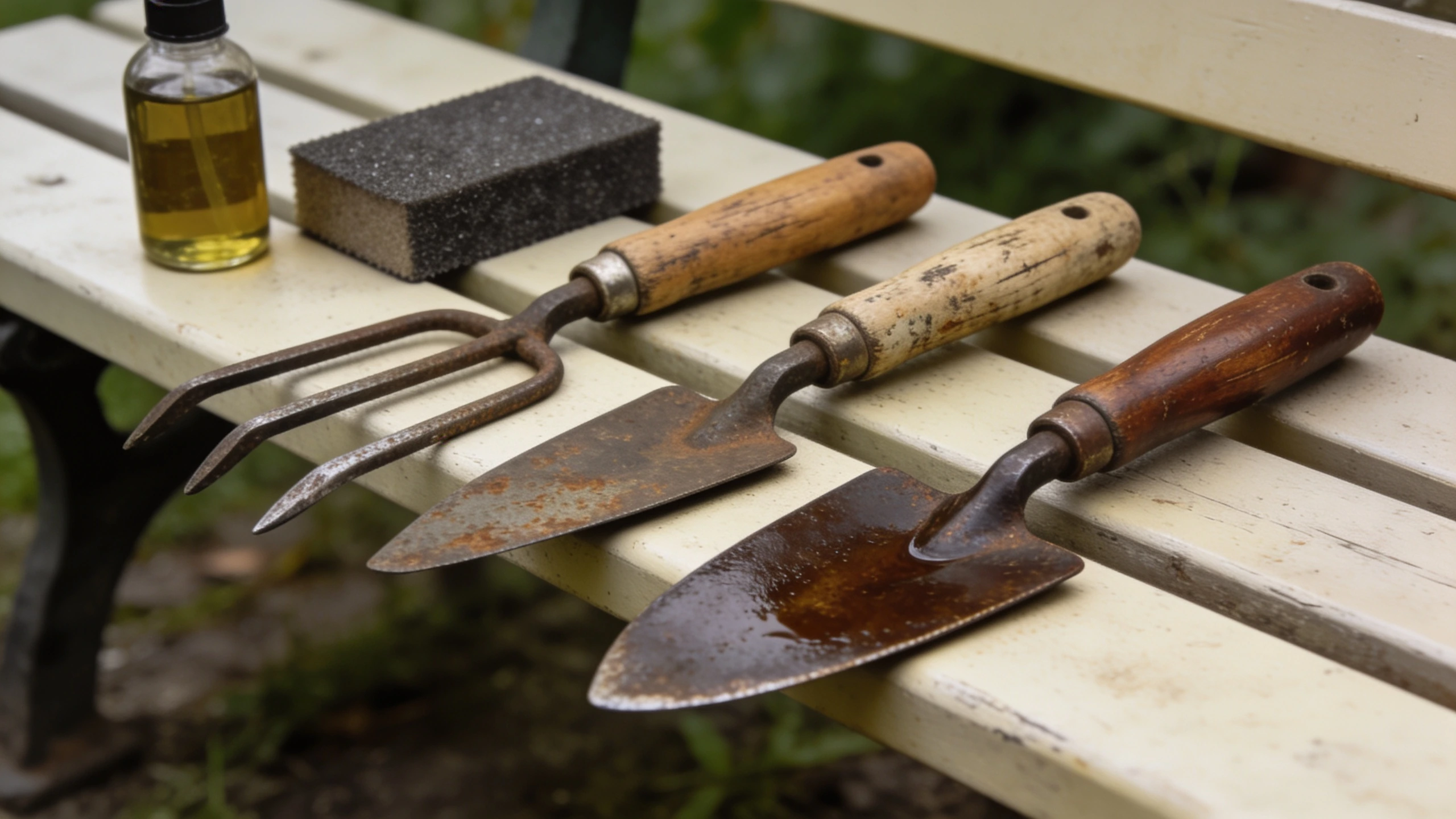 Old forged garden tools worth buying second hand Three old forged hand tools with worn handles mid-restoration beside a pad and oil