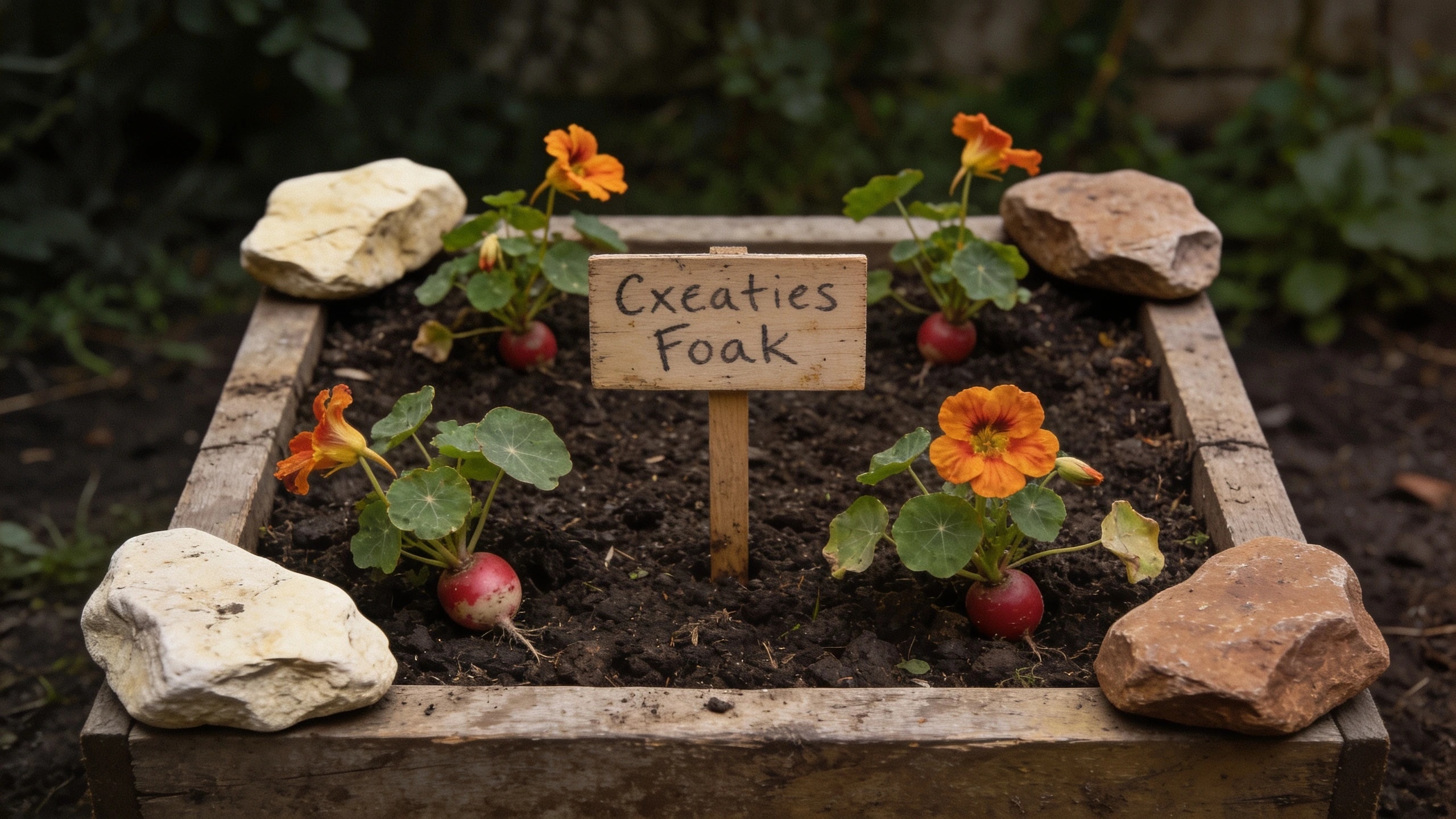 A child's own square of bed, marked out with stones Small square of bed edged with stones and a hand painted sign, planted unevenly