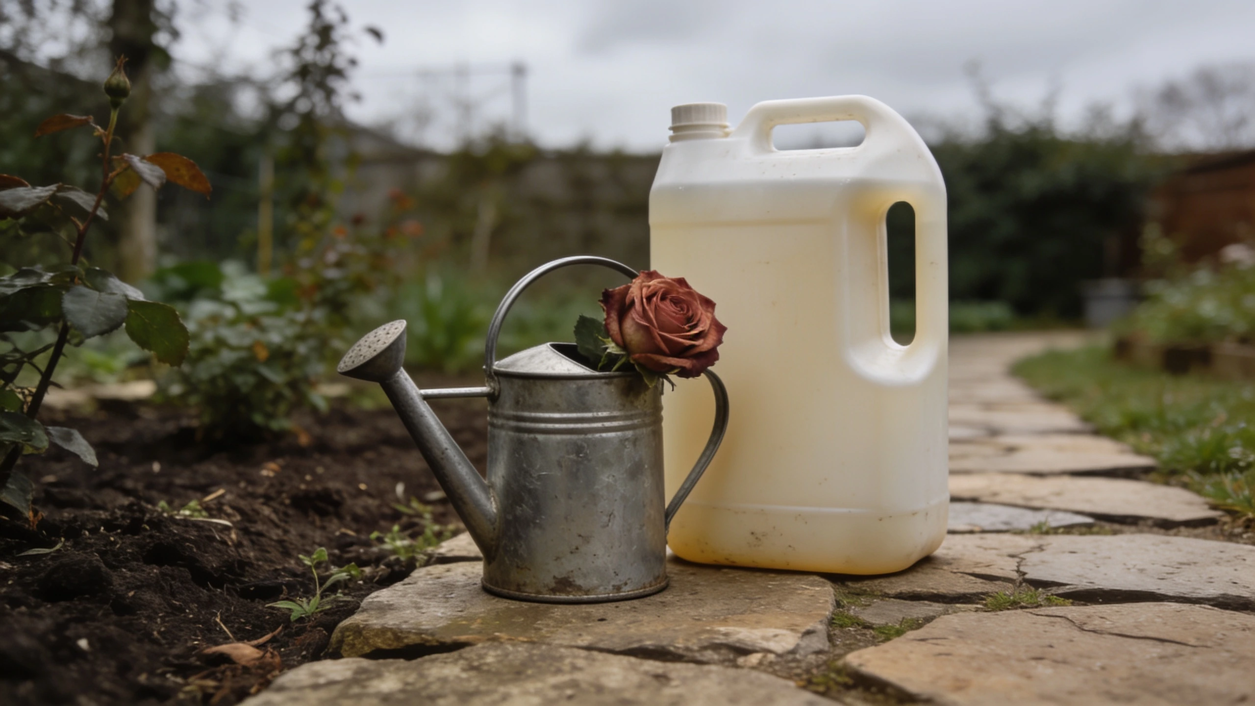 A two litre watering can beside a full size nine litre can Two litre metal watering can with a rose head beside a nine litre can