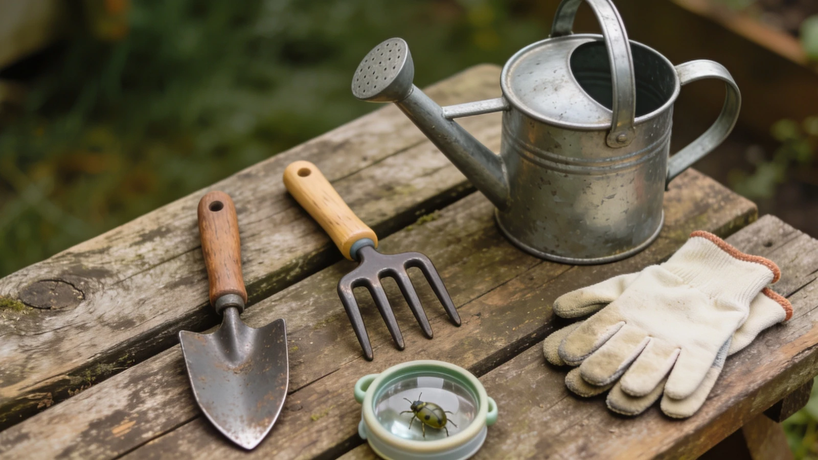 Small forged trowel, hand fork, two litre watering can, gloves and a bug pot