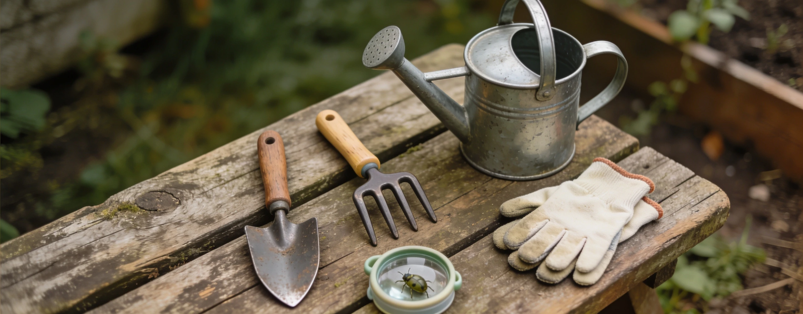 Small forged trowel, hand fork, two litre watering can, gloves and a bug pot
