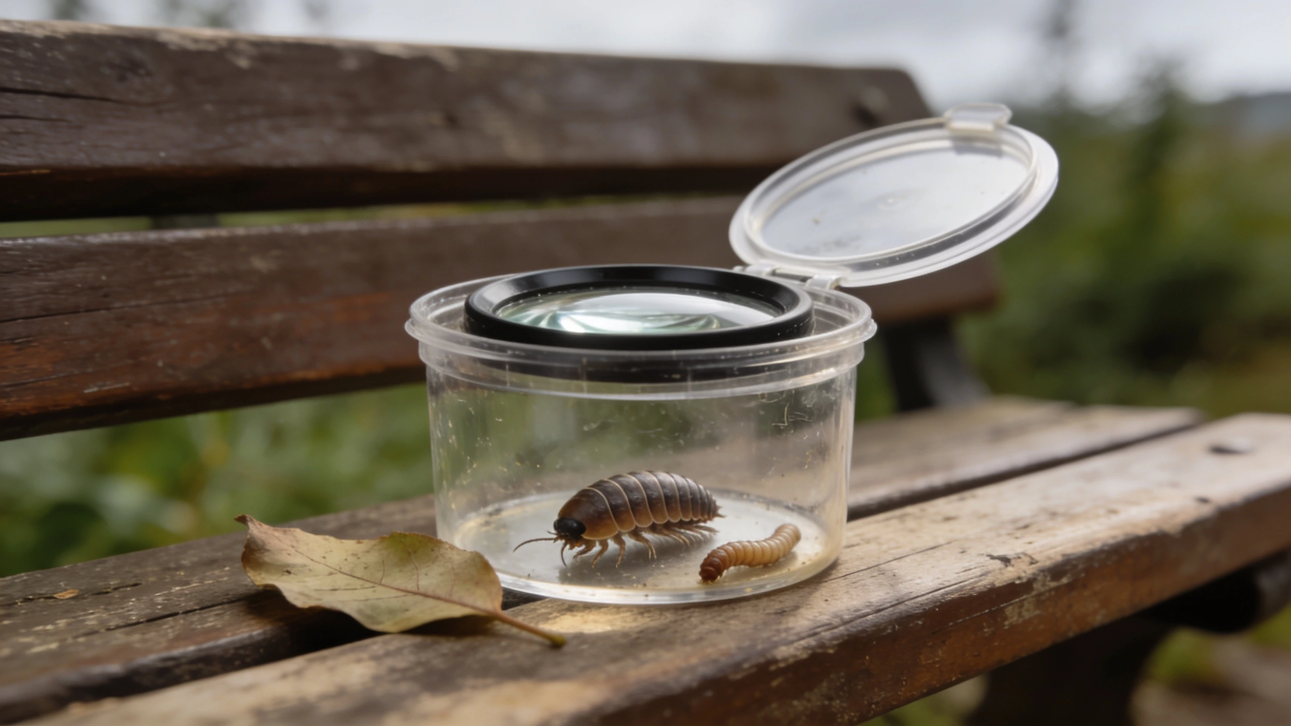 A magnifying bug pot, the cheapest thing on the list Clear plastic bug pot with a magnifying lid, a woodlouse and worm inside