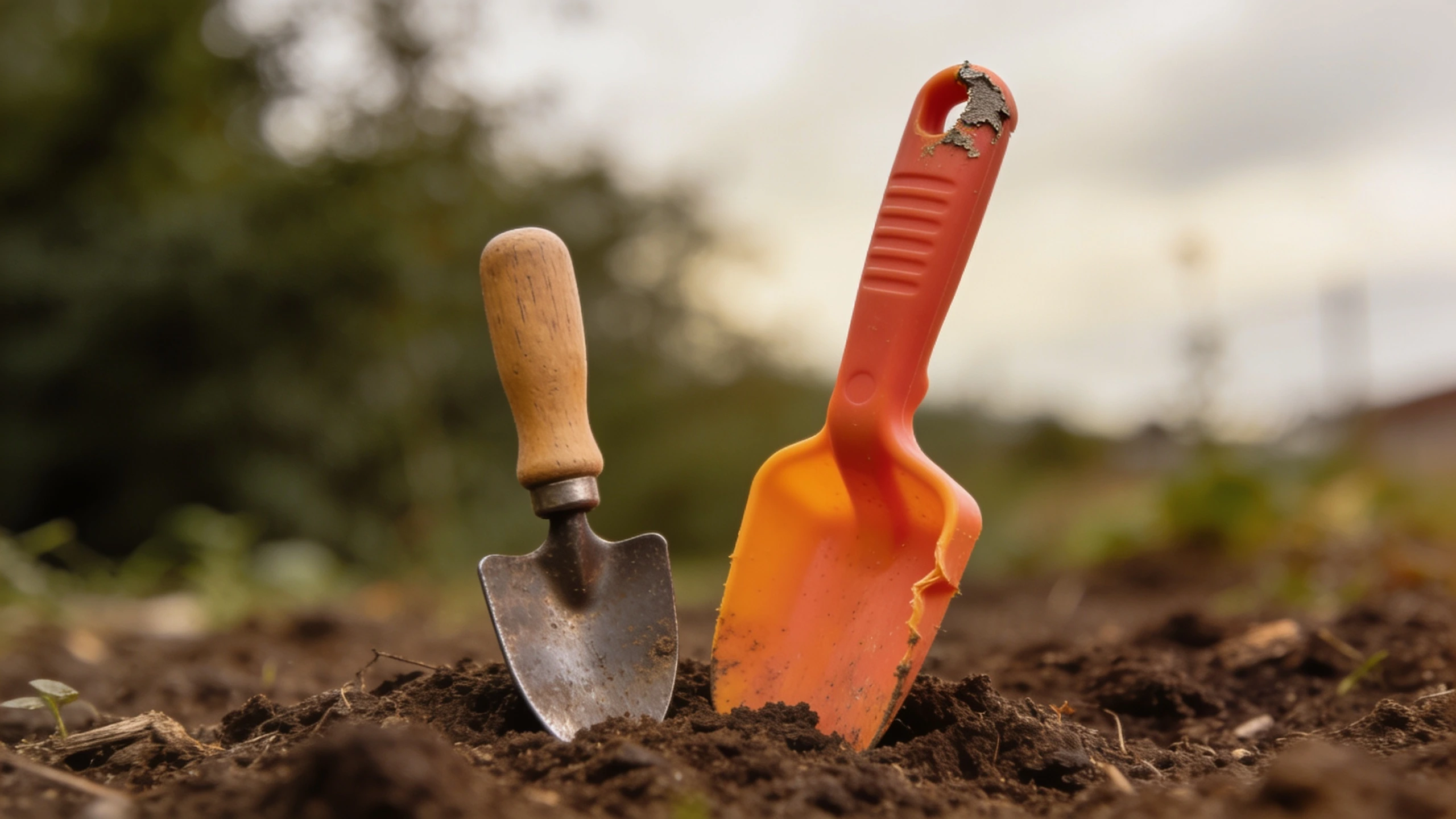 A child's forged steel trowel beside a bent plastic one Small forged steel trowel beside a brightly coloured plastic one, flexed and scuffed