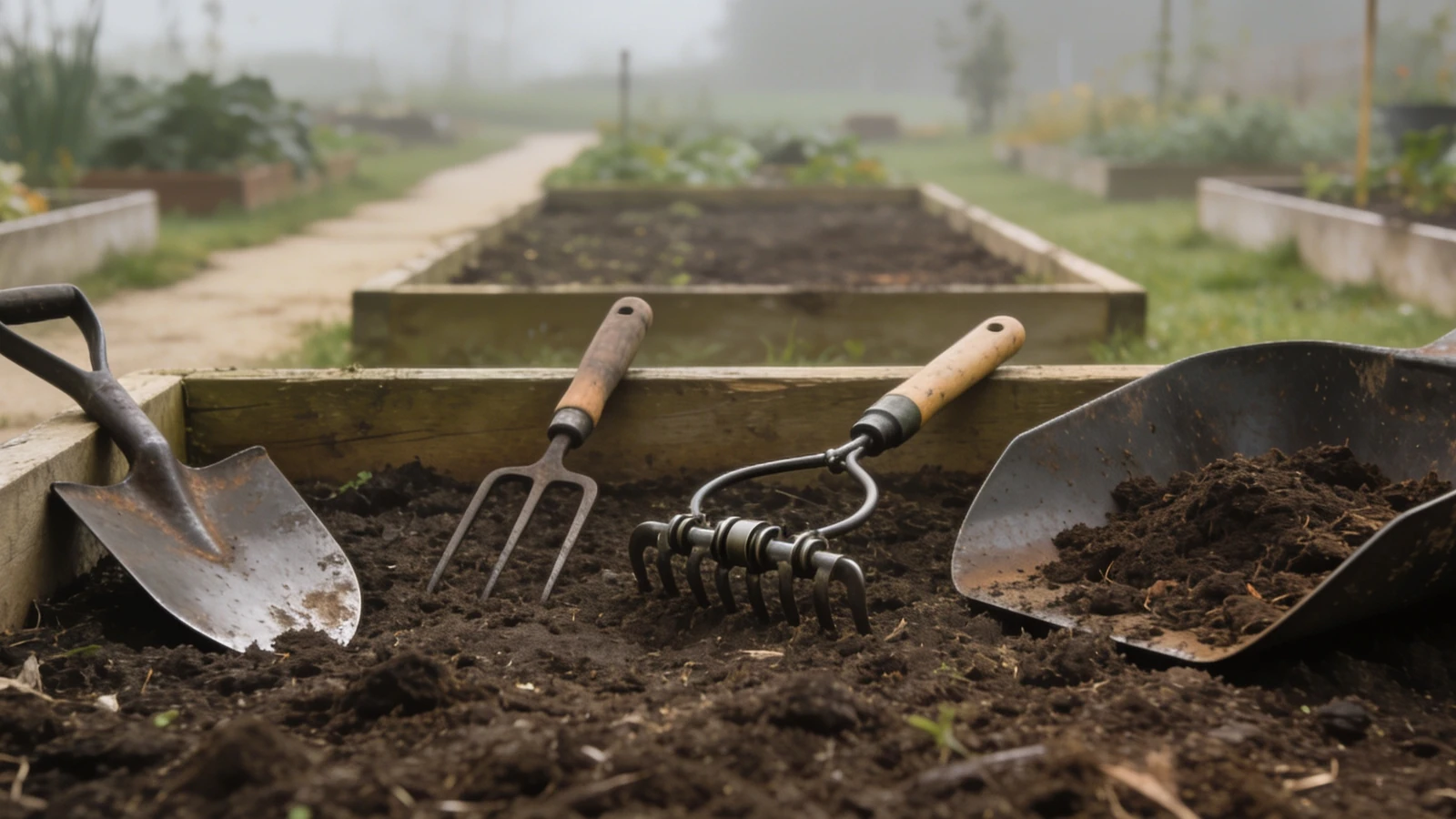 Mid handled hoe, stirrup hoe, wide mouth shovel and soil thermometer by a bed
