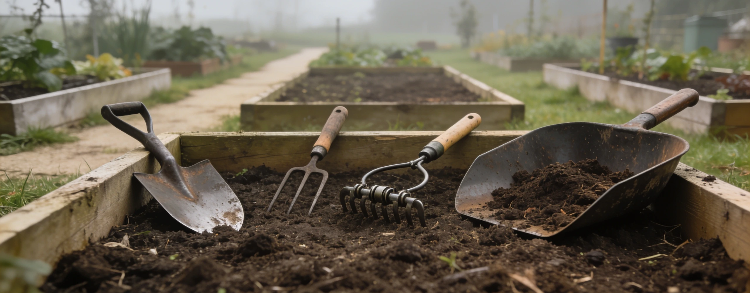 Mid handled hoe, stirrup hoe, wide mouth shovel and soil thermometer by a bed