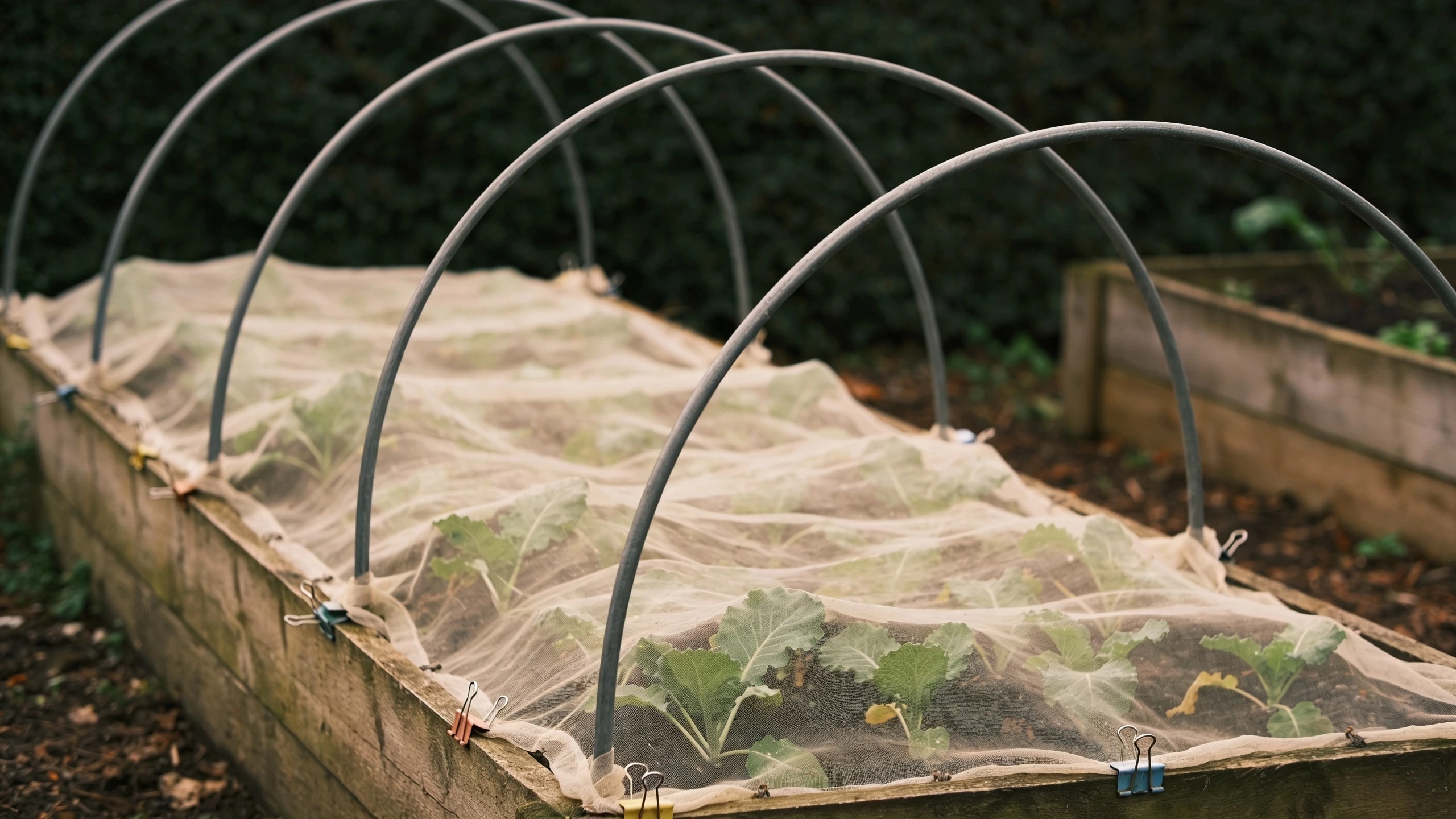 Hoops and fine mesh clipped over a raised bed Hoops over a raised bed with fine insect mesh clipped along the timber sides