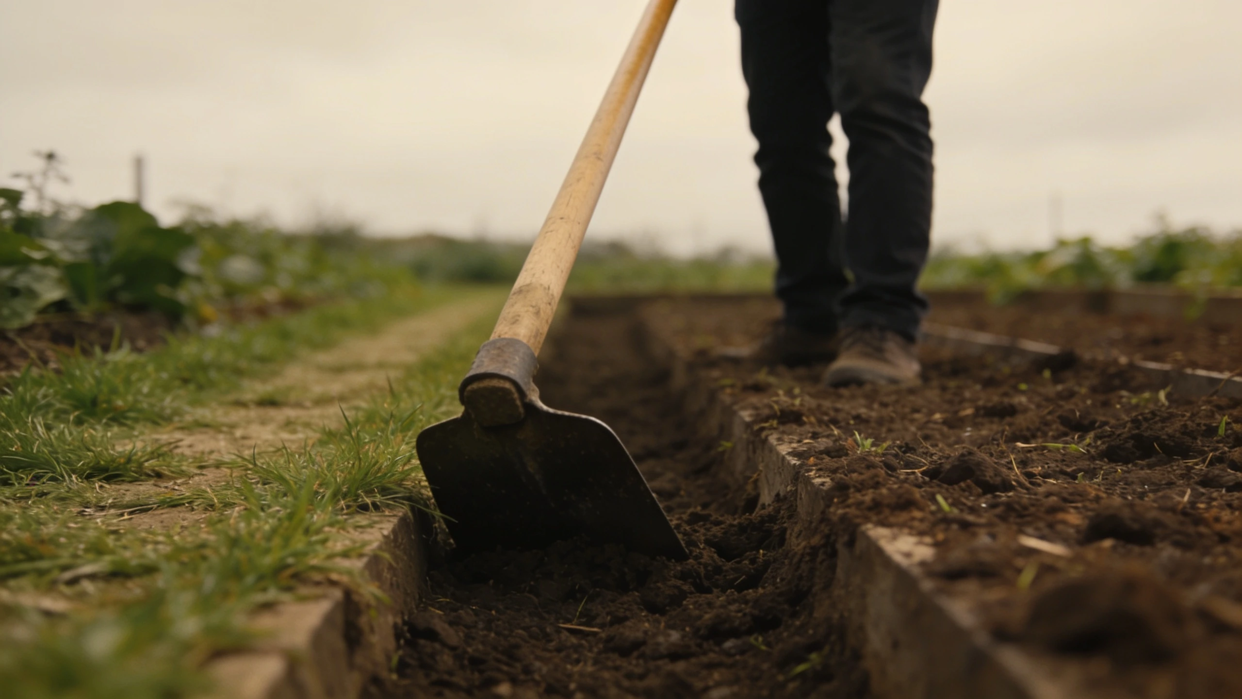 A mid length handle reaches the far side from the path Hoe with a chest height handle reaching across a raised bed from the path