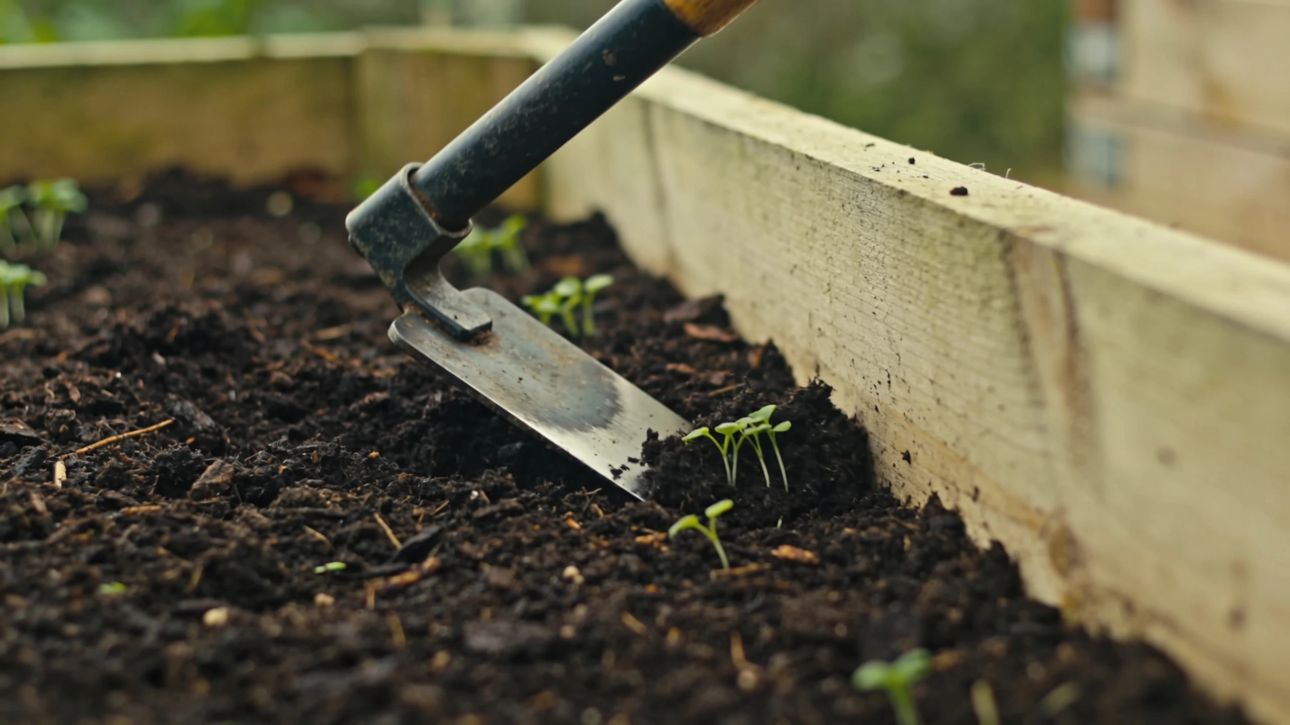 A stirrup hoe cutting weed seedlings at soil level Oscillating stirrup hoe slicing weed seedlings just under a raised bed's surface