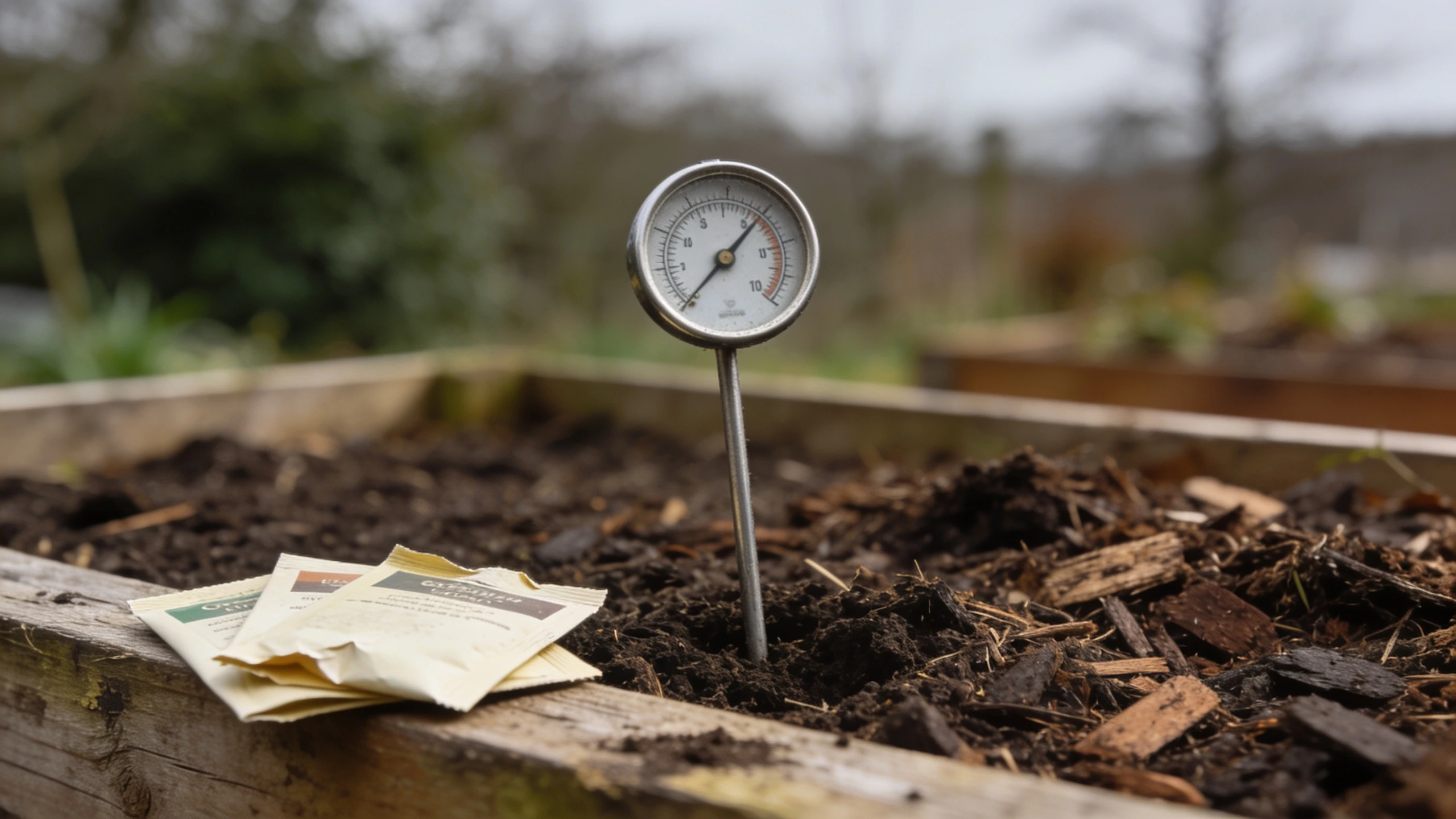 A soil thermometer pushed into a raised bed in spring Dial soil thermometer pushed into the soil of a raised bed in spring