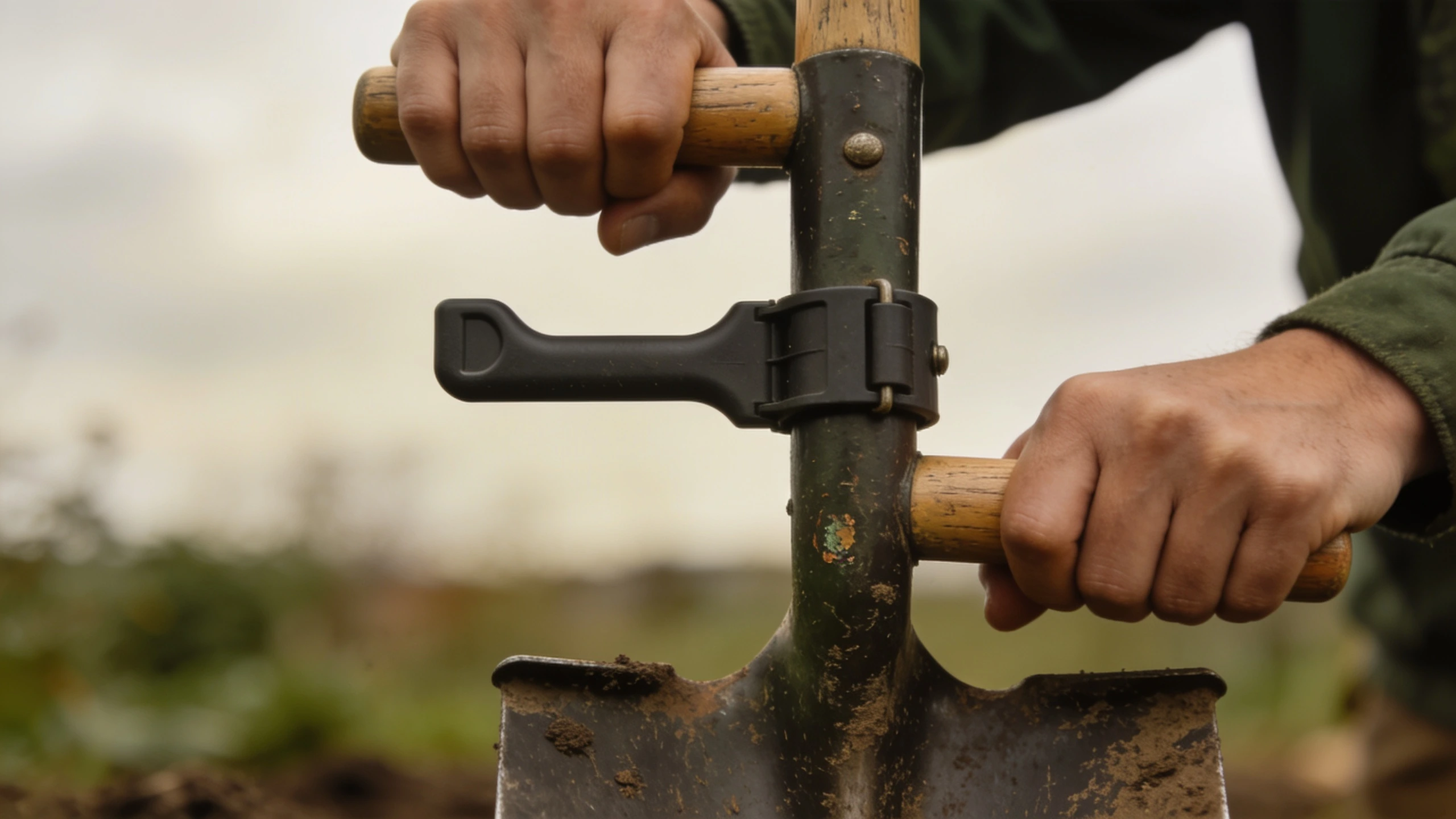 An add-on D grip clamped to a spade shaft Second D shaped grip handle clamped part way down a spade shaft