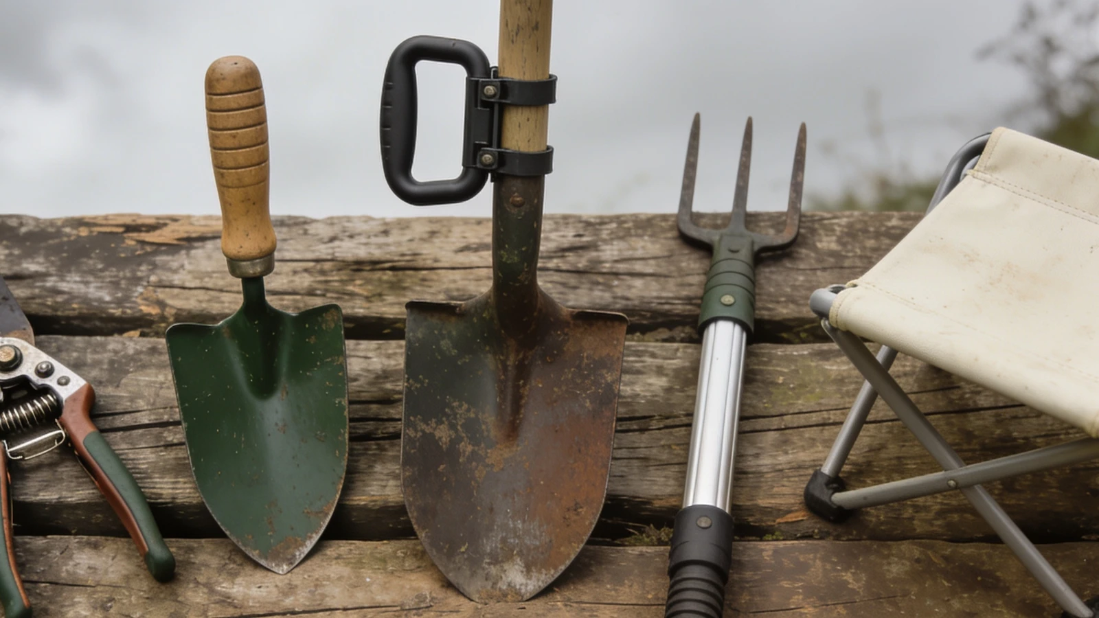Ratchet secateurs, a radius handle trowel, an add-on grip handle and a tap adaptor