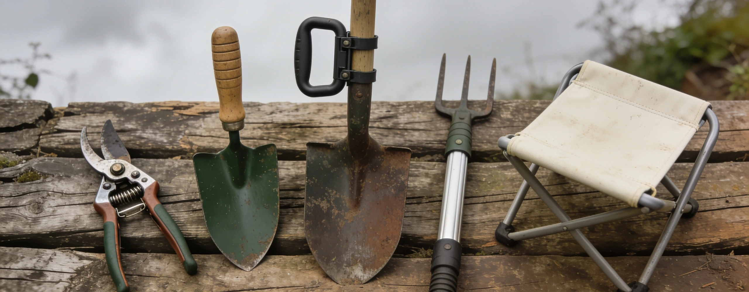 Ratchet secateurs, a radius handle trowel, an add-on grip handle and a tap adaptor