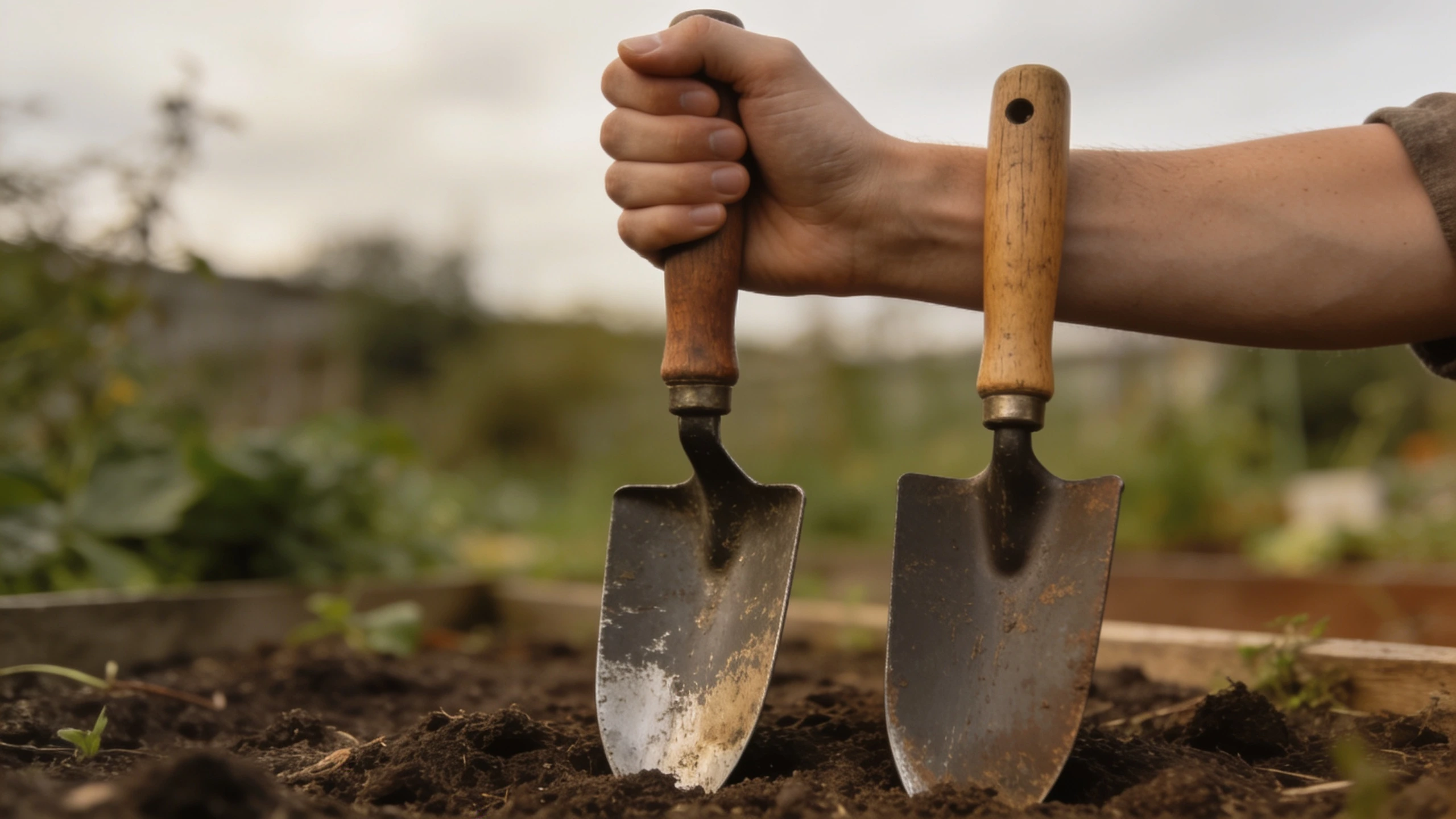A radius handle trowel held in line with the forearm Trowel with a curved radius handle held so the wrist stays straight