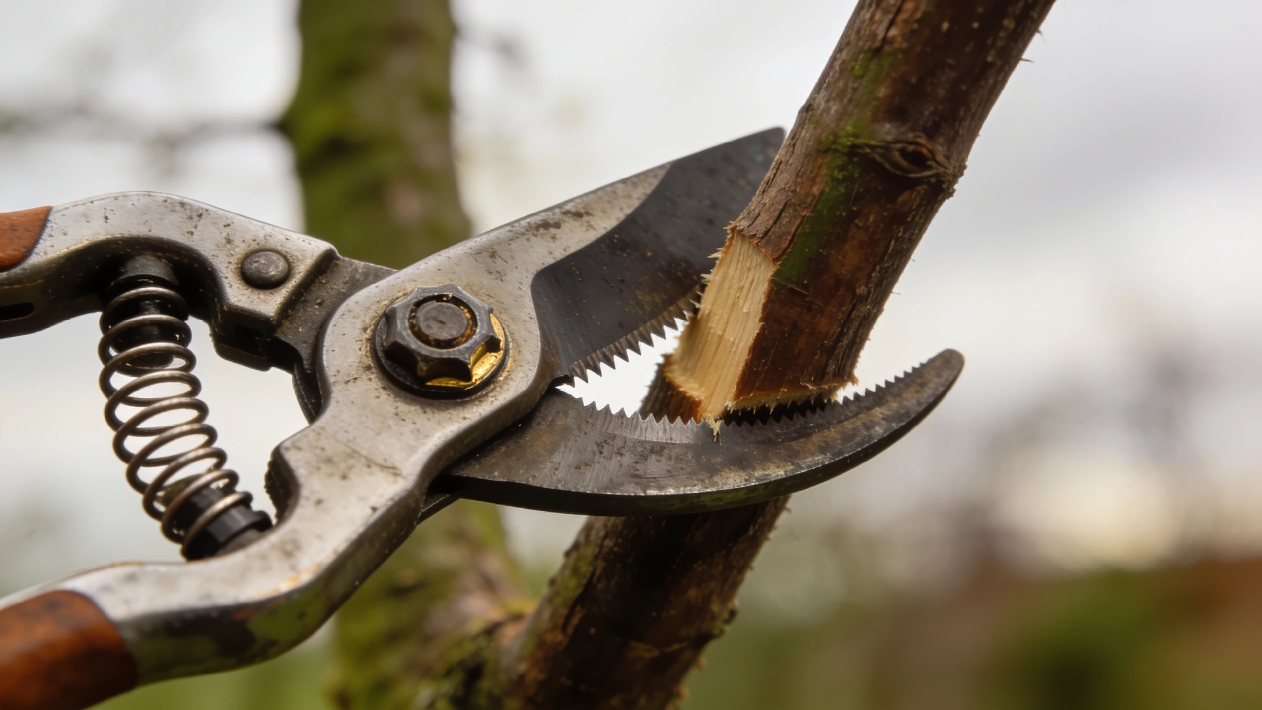 Ratchet secateurs cutting a woody stem in stages Ratchet secateurs part way through a woody stem, the mechanism holding the cut between squeezes