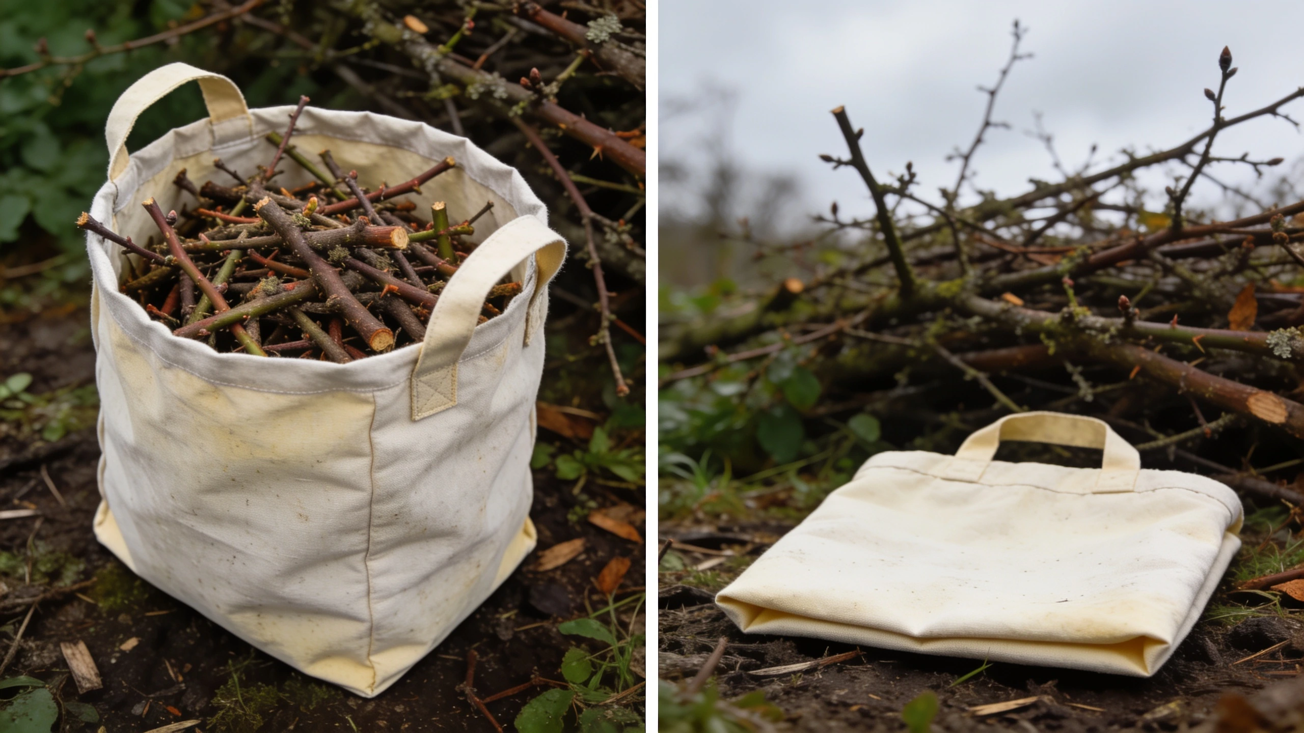A collapsible trug flattened for storage Collapsible fabric garden trug shown upright and folded flat for storage