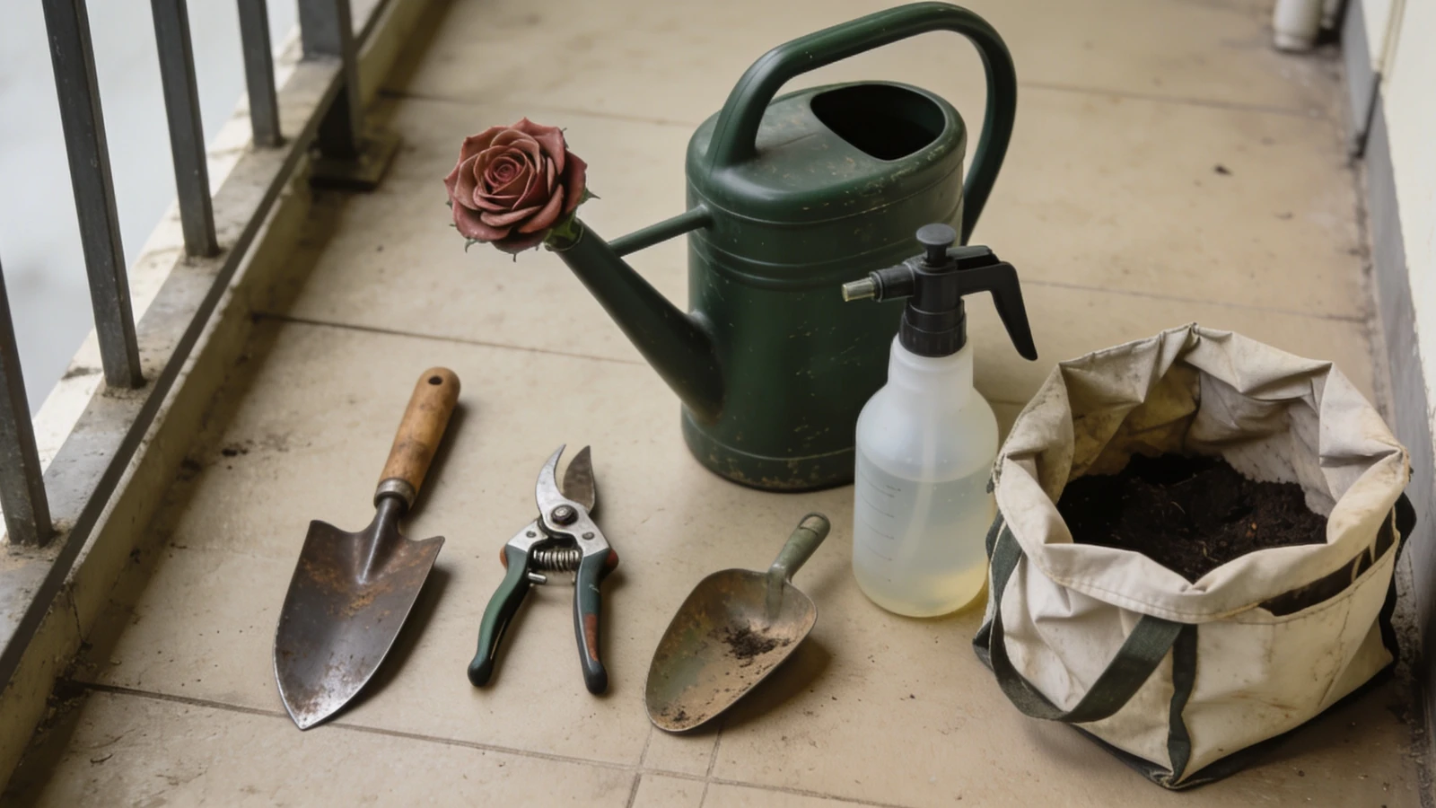 Narrow trowel, snips, a long spout can and a collapsible trug on a wall rail