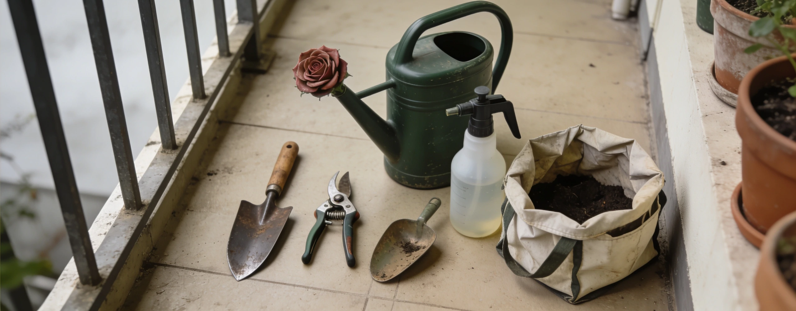 Narrow trowel, snips, a long spout can and a collapsible trug on a wall rail