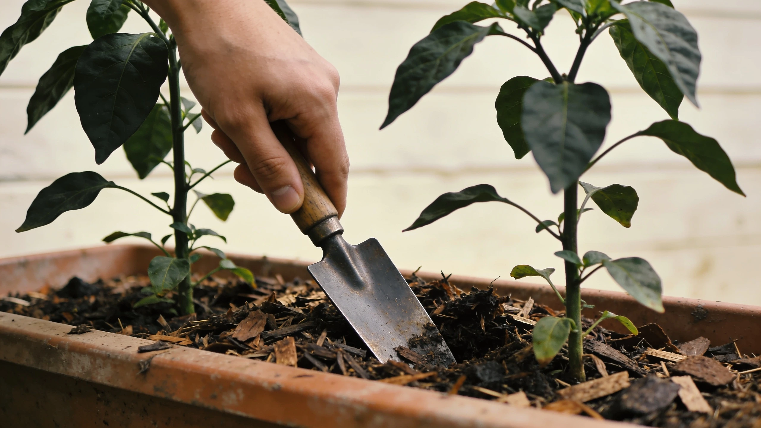 A narrow transplanting trowel working in a packed pot Narrow forged transplanting trowel digging a planting hole between established plants in a full container