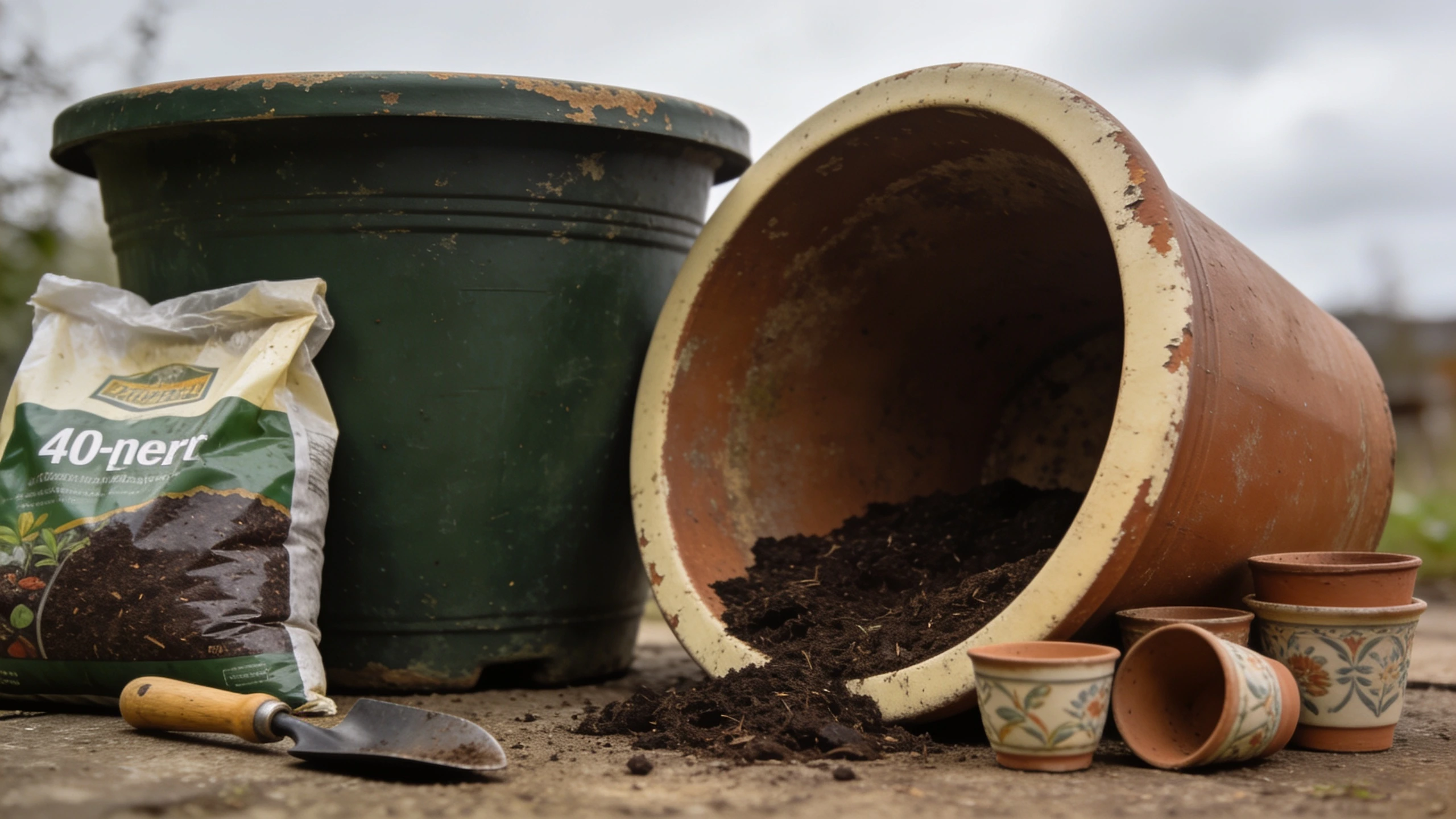 Money goes further on bigger pots than on more tools Large glazed and terracotta containers planted with herbs beside a few hand tools