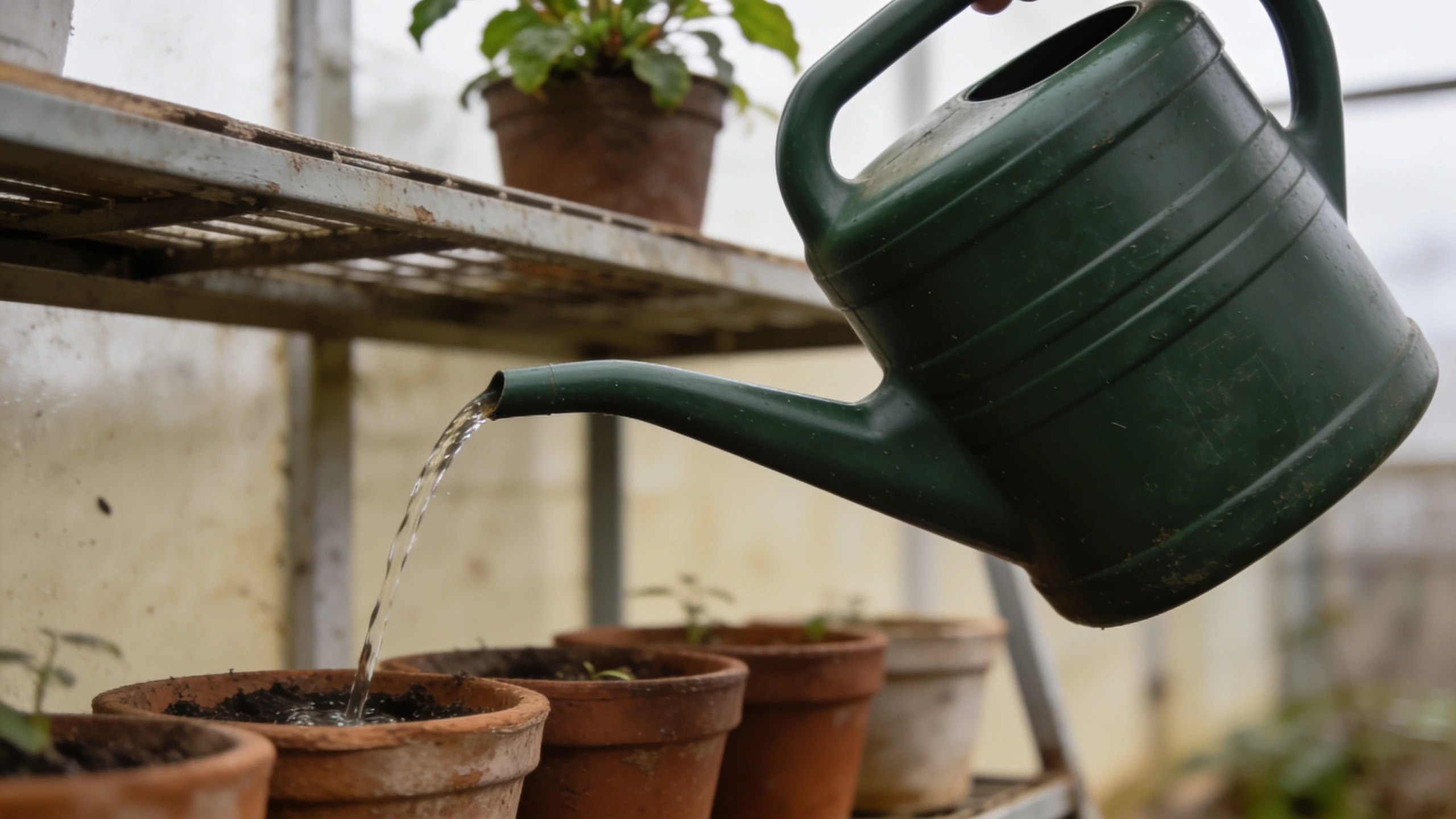 A long spout can reaching a high shelf of pots Two litre watering can with a long narrow spout reaching pots on a shelf