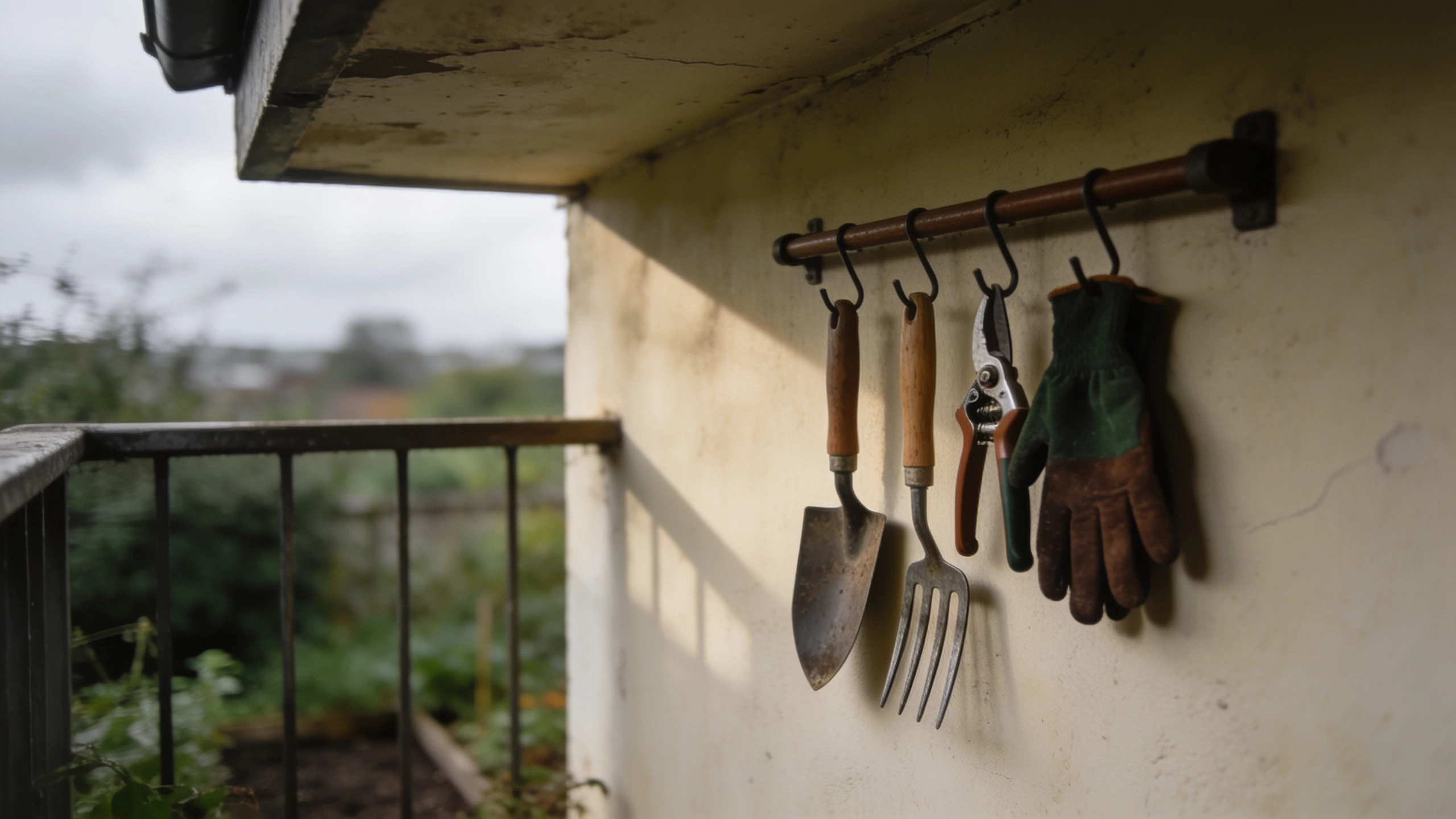 A wall rail keeps a balcony tool kit off the floor Simple metal rail on a balcony wall with hand tools and gloves hanging