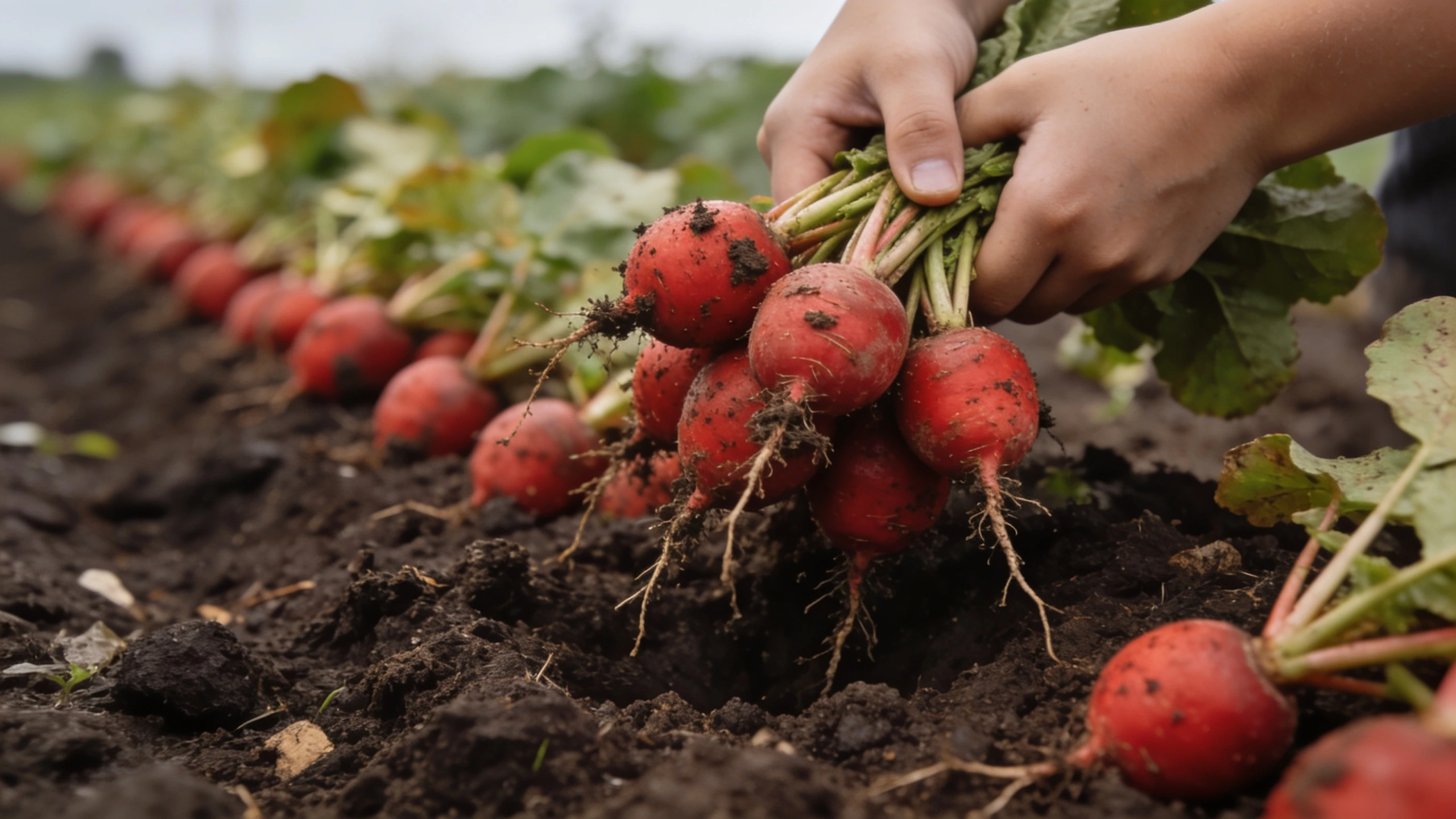 A child pulling radishes from the soil Small hands pulling a bunch of red radishes with soil still on the roots