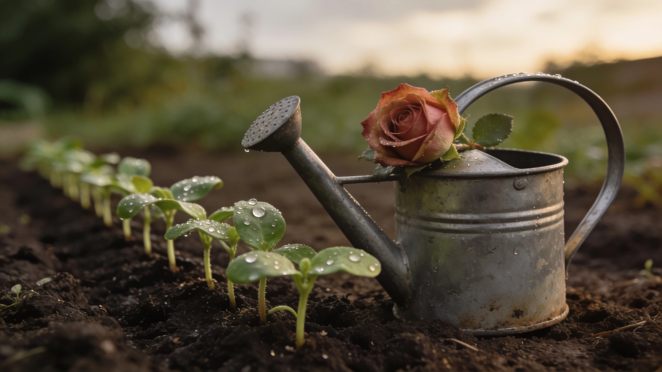 A child-sized metal watering can with a rose head Small two litre metal watering can beside a row of young seedlings