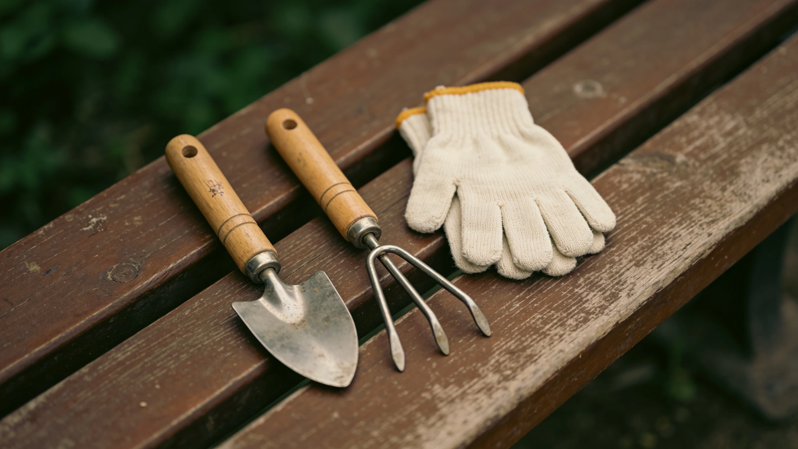 Children's garden tools in metal rather than plastic Small forged trowel, hand fork and child's gloves laid on a wooden bench