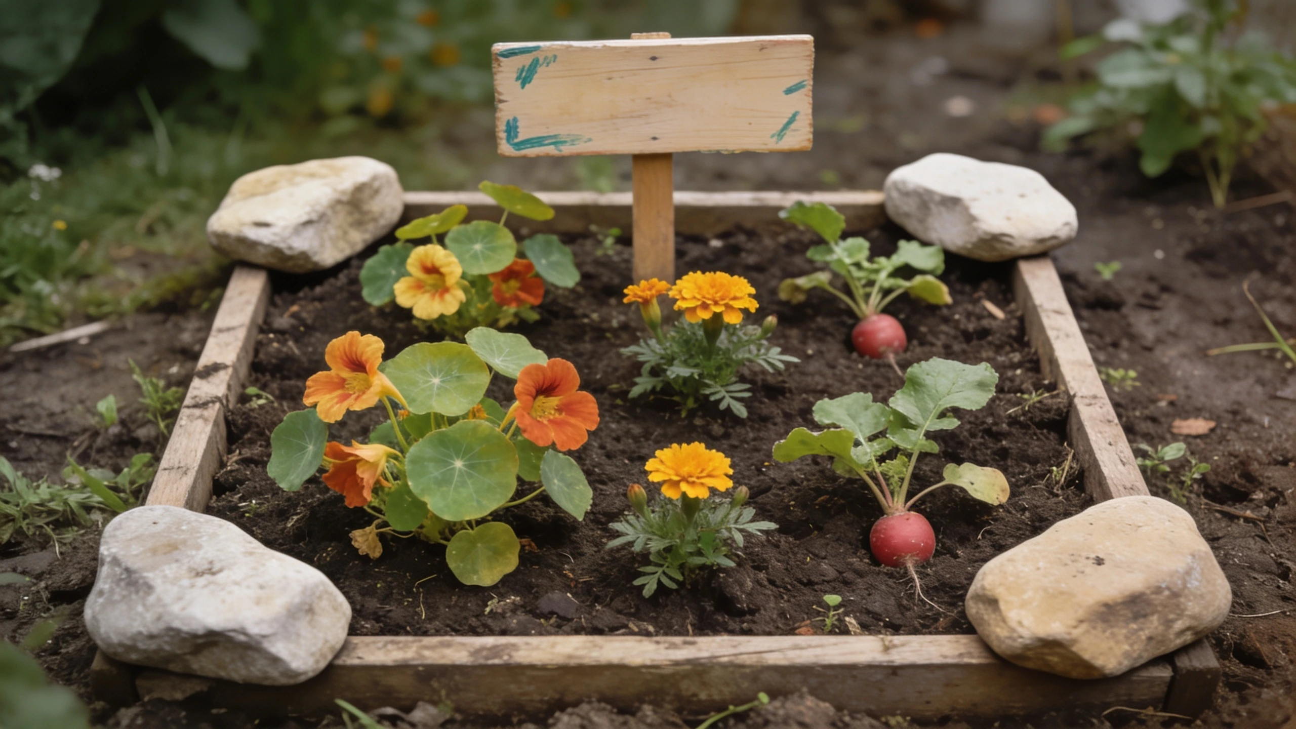 A child's own small garden patch Small patch of a garden bed marked with stones and a painted sign, unevenly planted