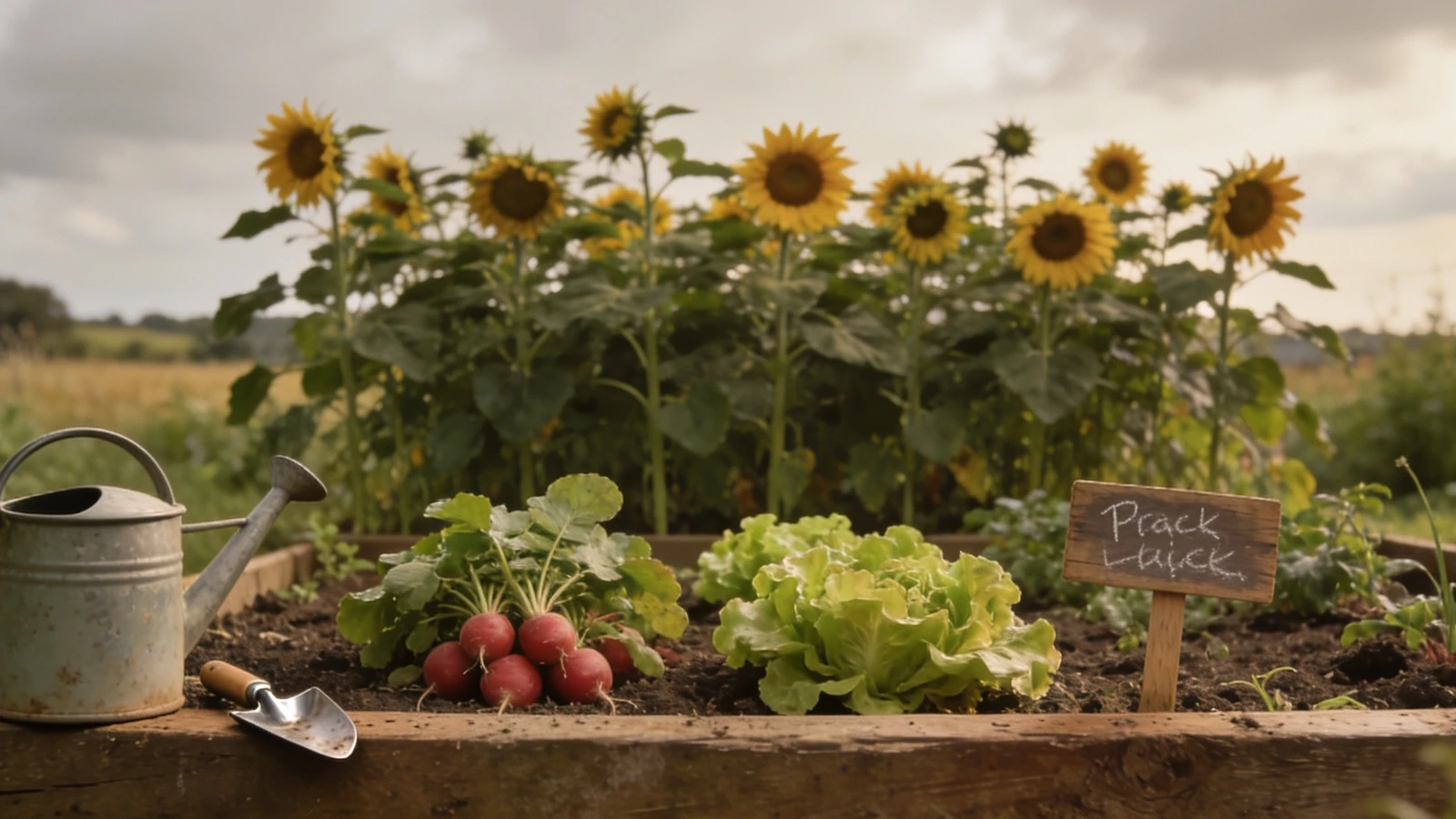 Low raised bed with sunflowers, radishes and lettuce and a child's watering can
