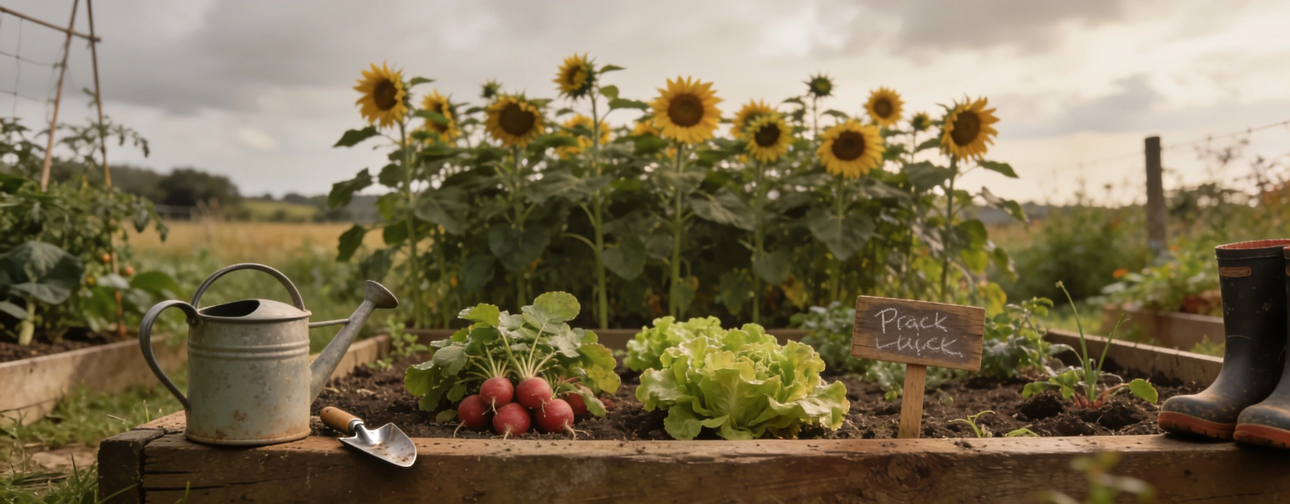 A small family vegetable patch planted with children Low raised bed with sunflowers, radishes and lettuce and a child's watering can