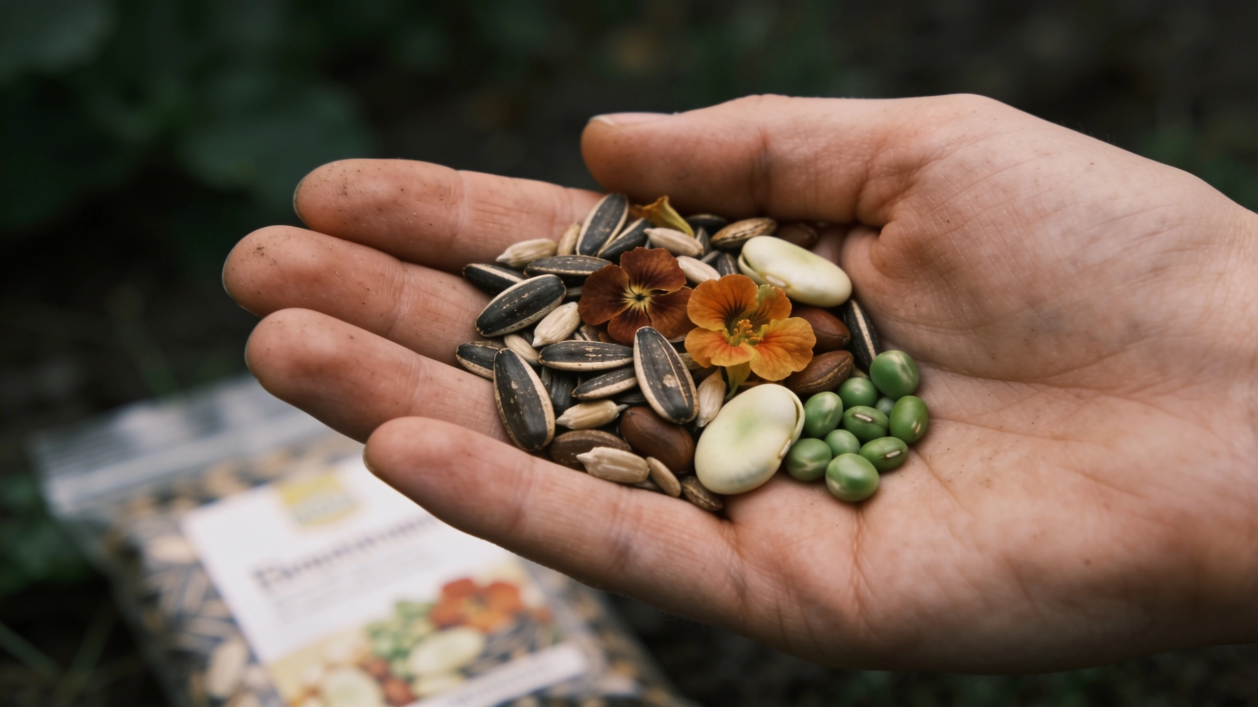 Large seeds that are easy for small hands to sow Open palm holding sunflower, nasturtium, broad bean and pea seeds