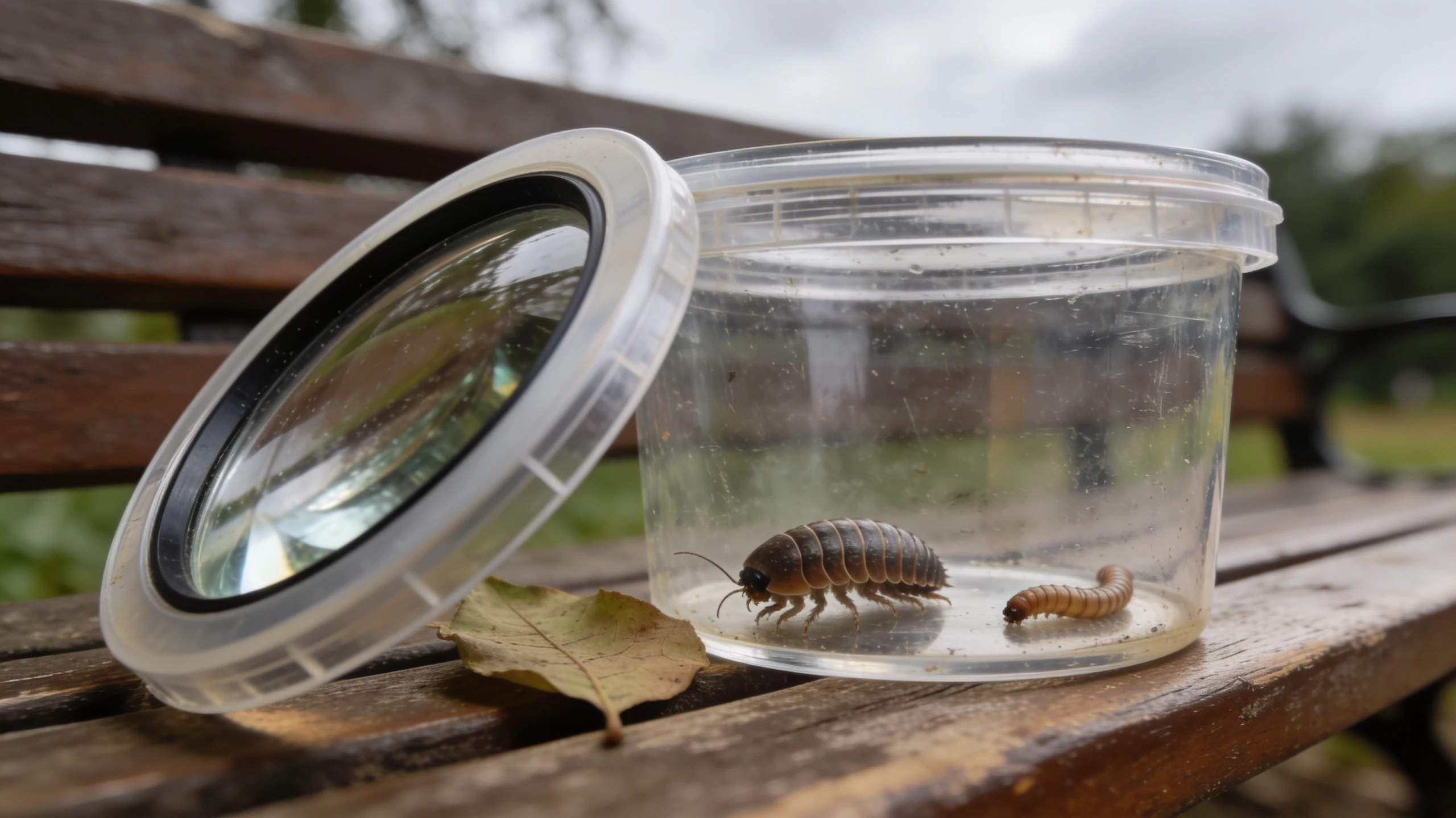 A magnifying bug pot with a woodlouse inside Clear plastic magnifying bug pot with a woodlouse and a worm inside
