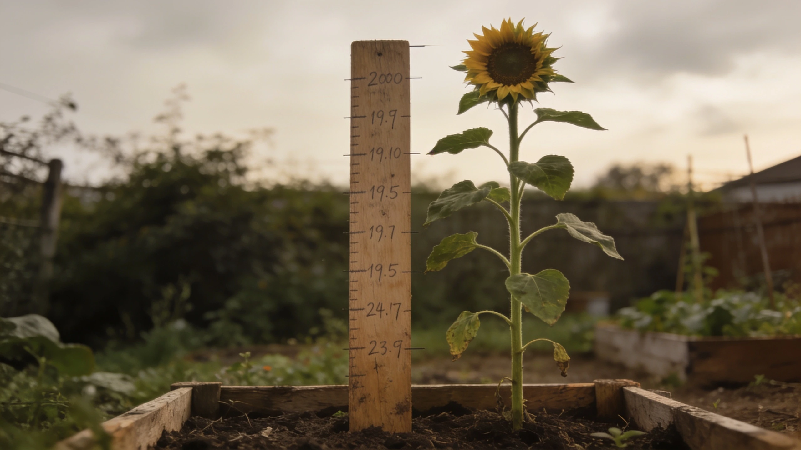 Measuring a growing sunflower against a marked stake Young sunflower beside a wooden stake with pencil marks recording its height