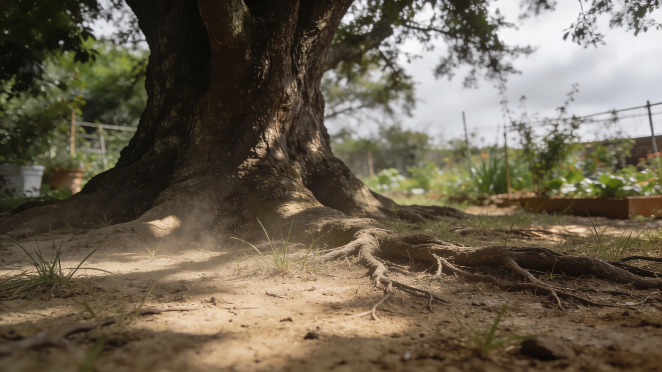 Dry shade under a mature tree Dry dusty ground under a large tree with thin grass and surface roots showing