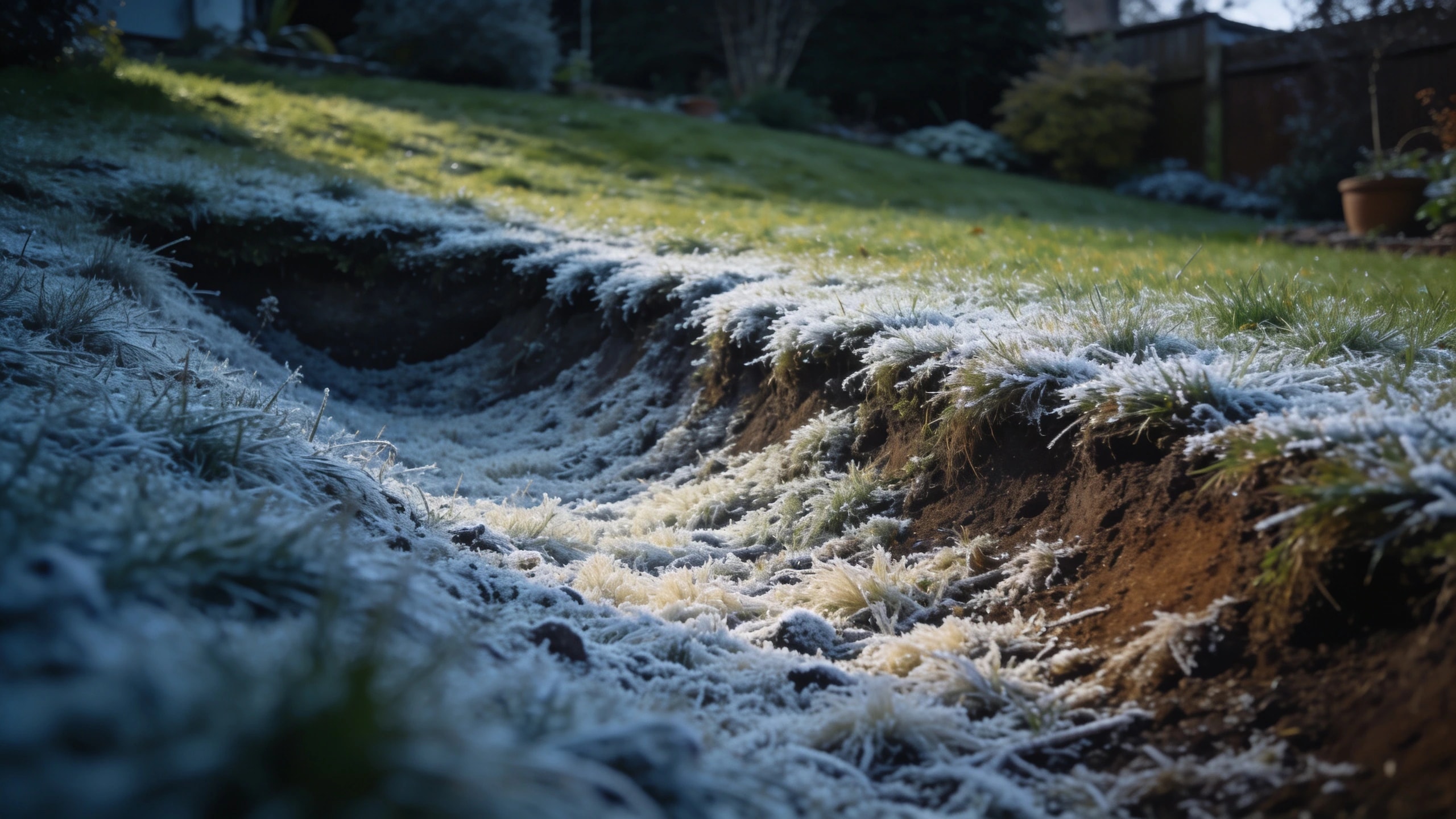 A frost pocket at the bottom of a sloping garden Morning frost lying in a dip at the bottom of a sloping garden lawn