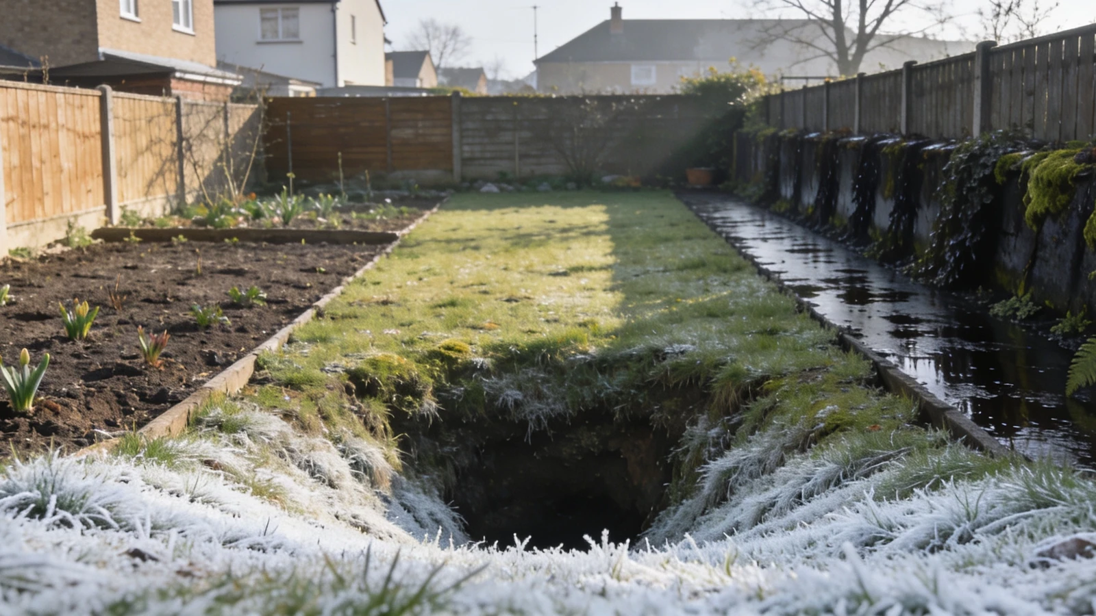 Back garden in spring with a sunny bed, a shaded fence strip and frost in a hollow