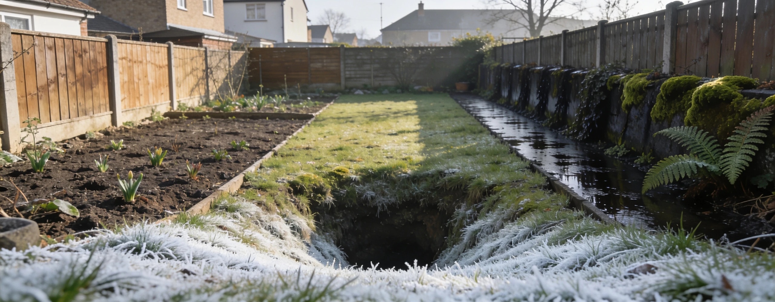 One garden with sun, shade and a frost pocket in it Back garden in spring with a sunny bed, a shaded fence strip and frost in a hollow