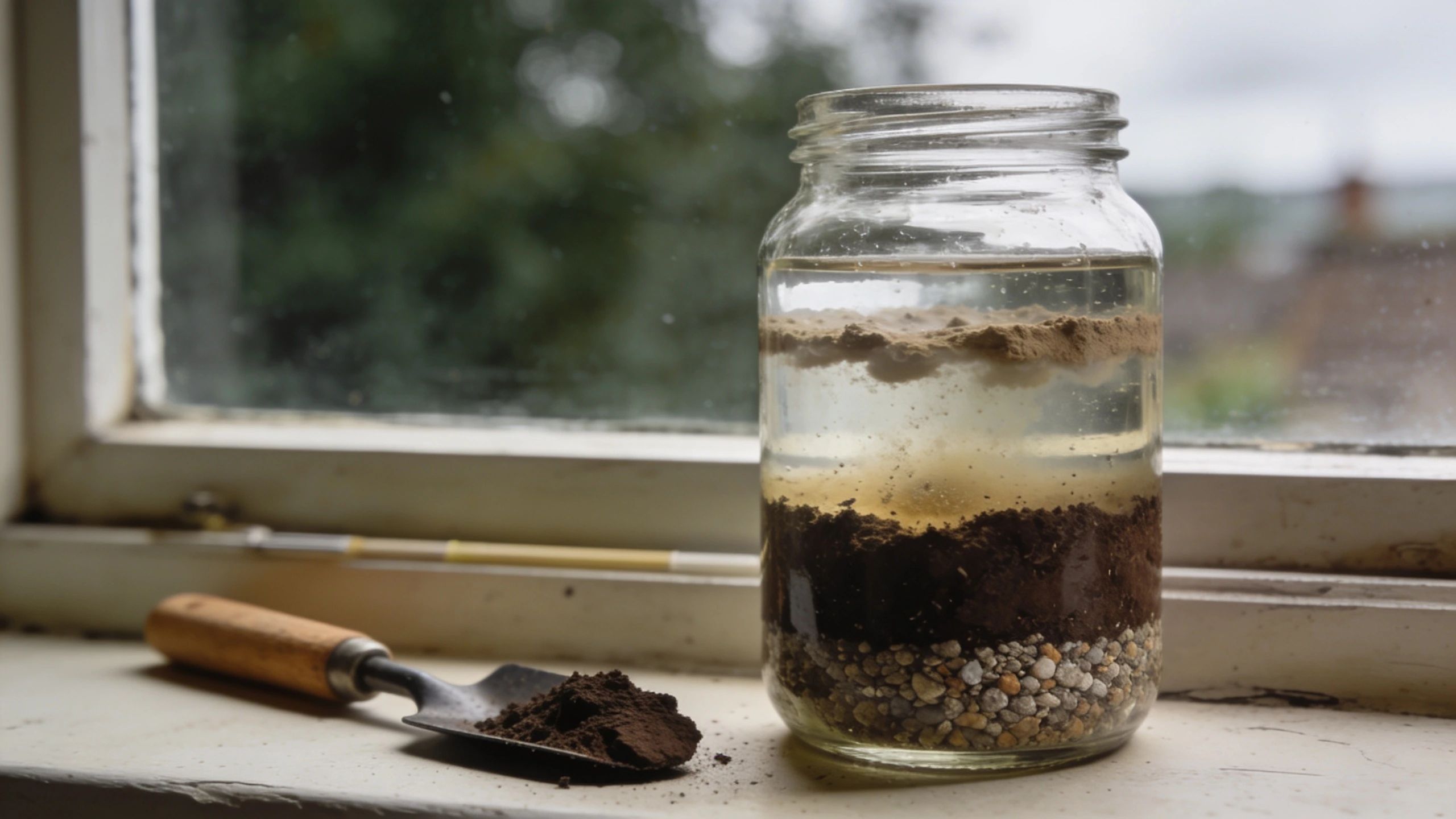 A soil jar test showing clay, sand and silt layers Glass jar of soil and water settled into visible grit, silt and clay layers