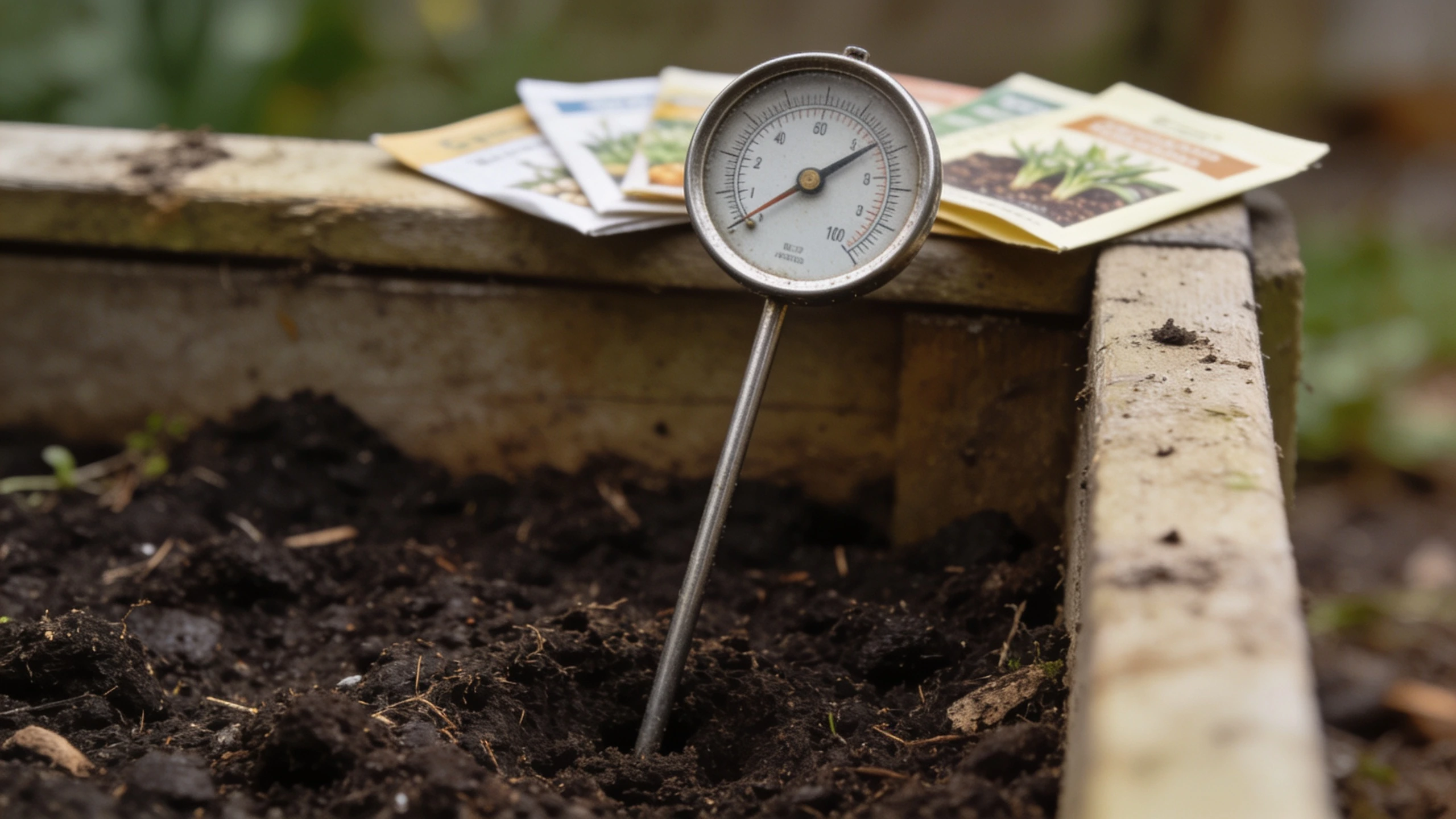 A soil thermometer pushed into a garden bed Dial soil thermometer pushed into dark soil in a raised bed with seed packets