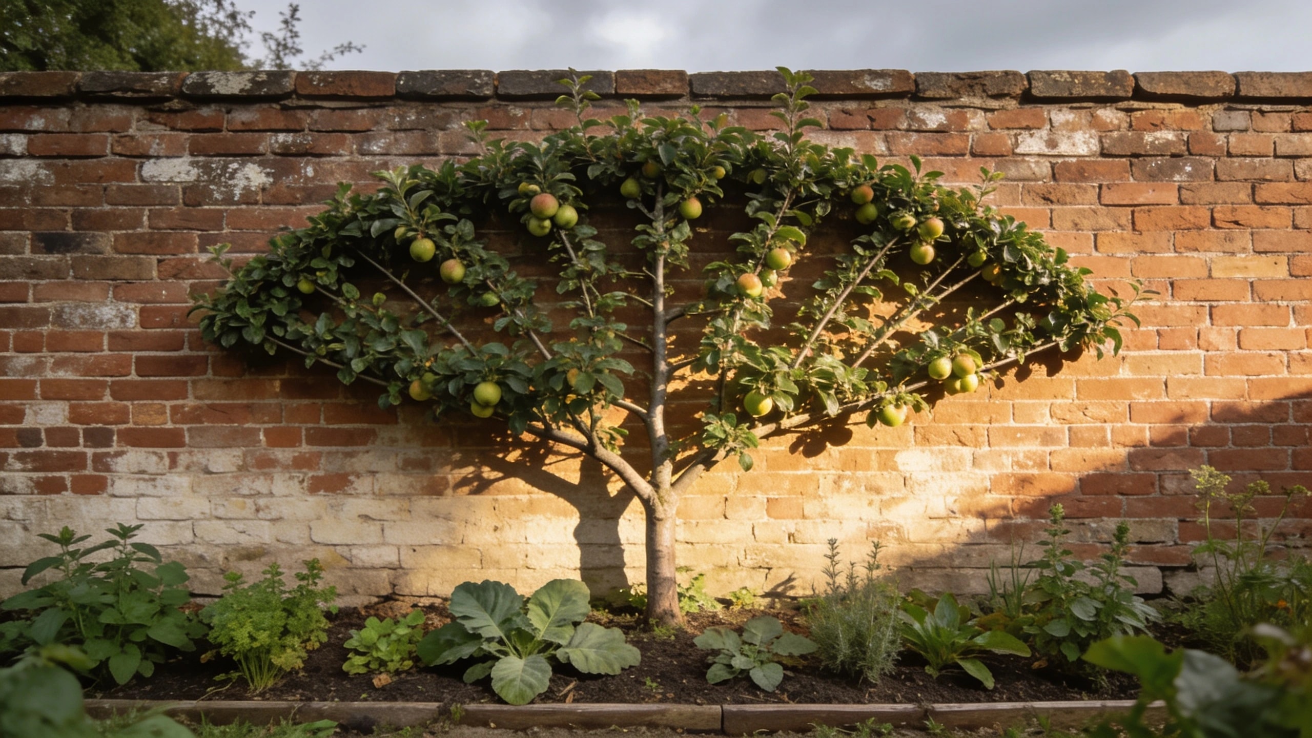 A sunny sheltered wall used for trained fruit South-facing brick wall with a trained fan fruit tree and a herb bed at its foot