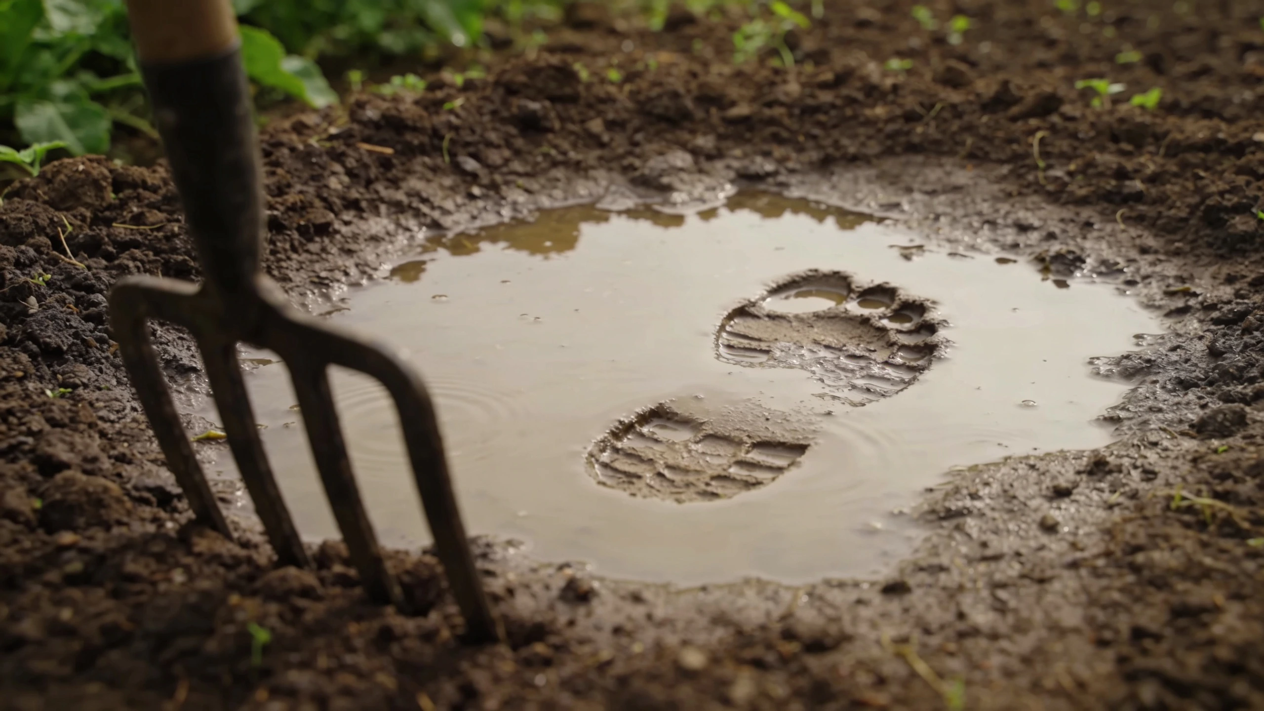 Waterlogged garden soil standing in puddles after rain Shallow puddle standing on compacted garden soil with a fork stuck in nearby