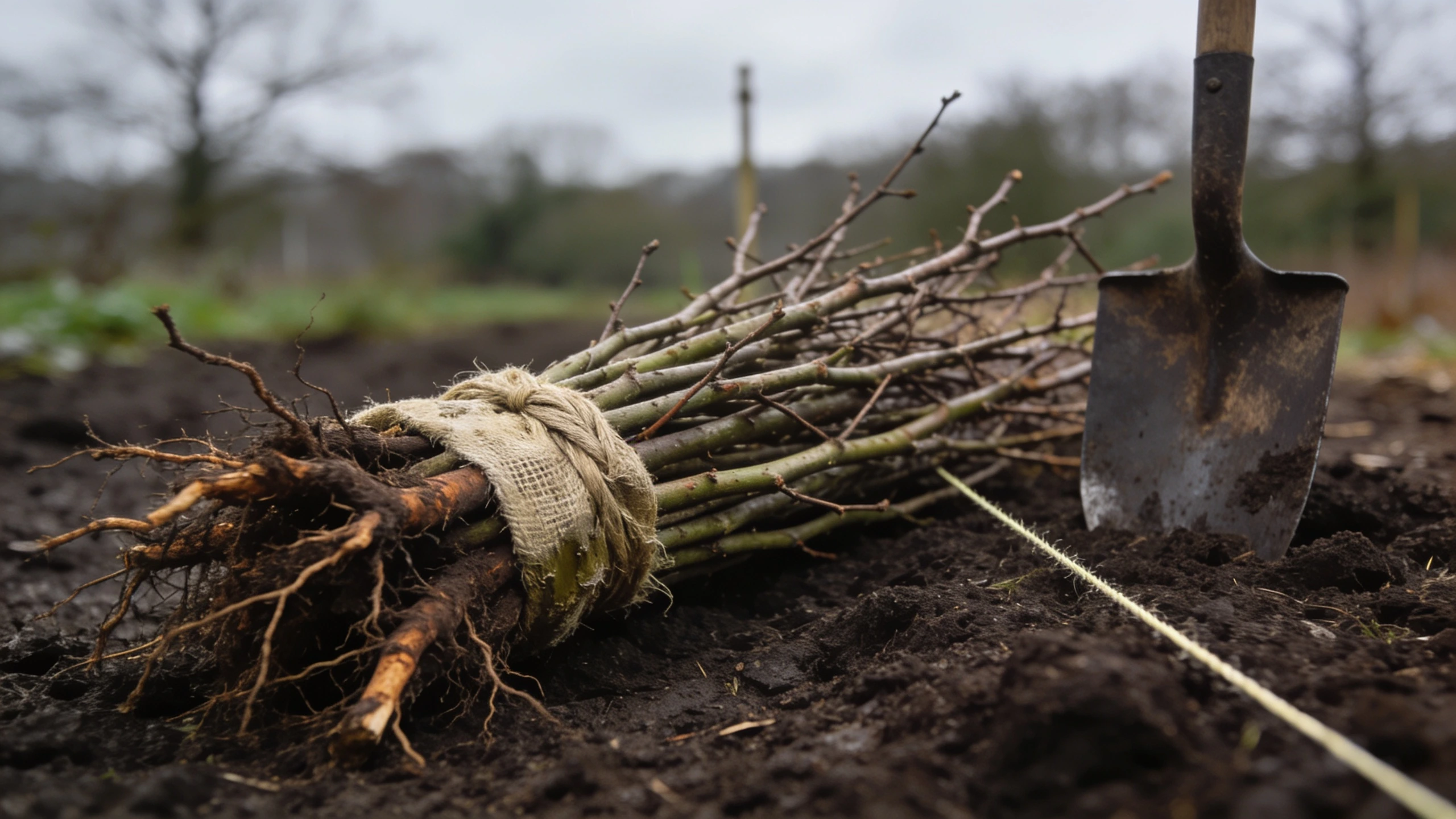 Bare-root hedging whips, the cheap way to plant a hedge Bundle of bare-root hedging whips with roots wrapped, laid on soil beside a planting line